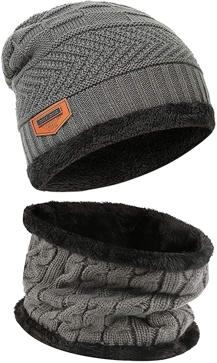 Foliam Winter Woolen Double Sided Beanie Cap and Neck Warmer with Fur Interior and Fleece Line (grey) 1