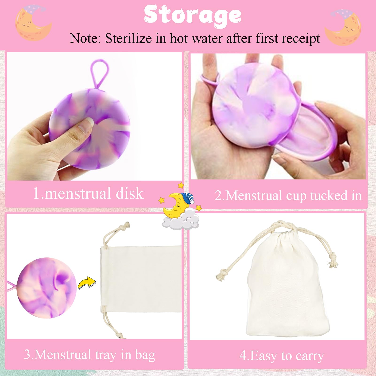 Disco Mestruale Set,con 1 Disco Mestruale M+1 Disco Mestruale L,silicone Disco,Sacchetto di stoccaggio,Manuale d'uso,per un periodo leggero e forte,Sicuro per sport,nuoto