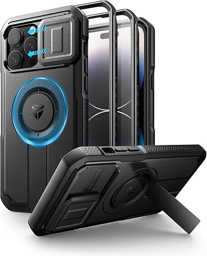 Dexnor - Funda para iPhone 14 Pro Max con tapa deslizante para cámara, soporte ajustable y protector de pantalla integrado, carcasa magnética