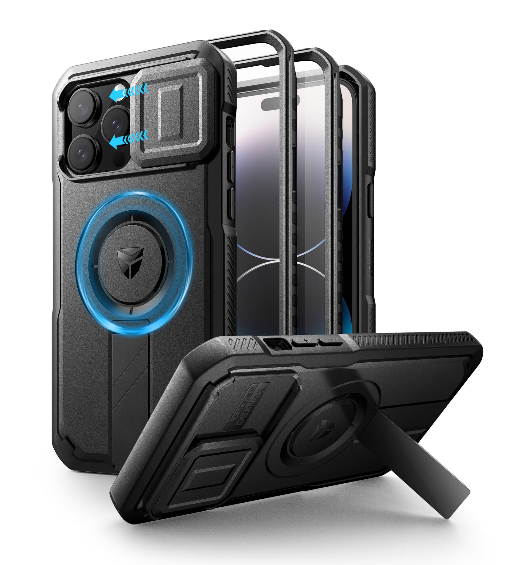 Dexnor for iPhone 14 Pro Max Case with Slide Camera Cover & Adjustable Kickstand & Built-in Screen Protector, Magnetic Rugged Shockproof Bumper Cases Heavy-Duty Magnetic Protective Cover,Black