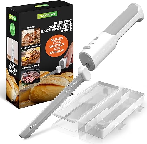 NutriChef Cuchillo eléctrico inalámbrico  Botón de función de seguridad constante de encendidoapagado fácil de usar  Tallar pavo, carnes, aves, pan,