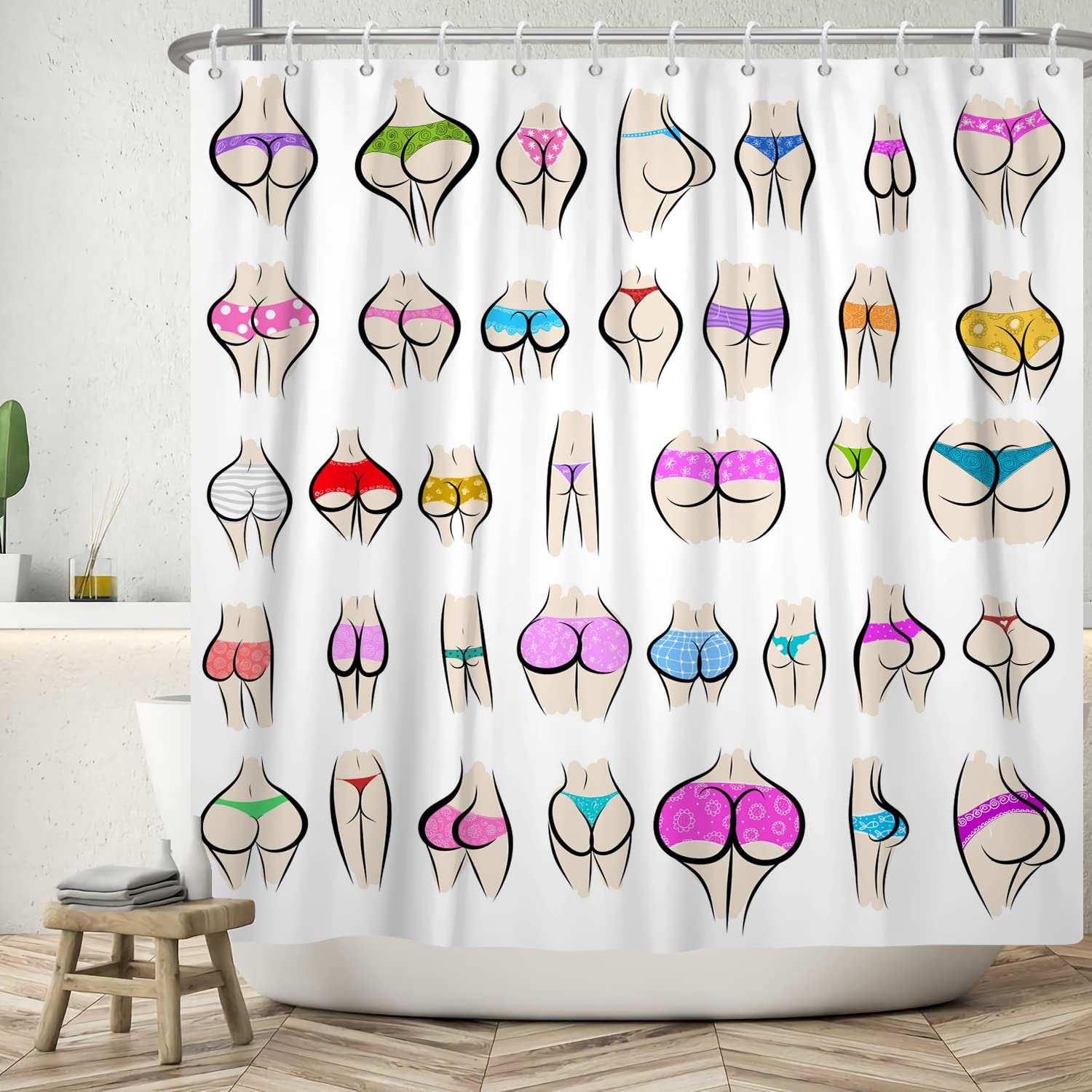 ASDCXZ Funny Shower Curtain 120x200 cm, Funny Colorful Butt Curve Pattern White Bath Washable Shower Curtains Polyester Textile Waterproof Bath Curtain for Bathtub with 8 Hooks โ image 1