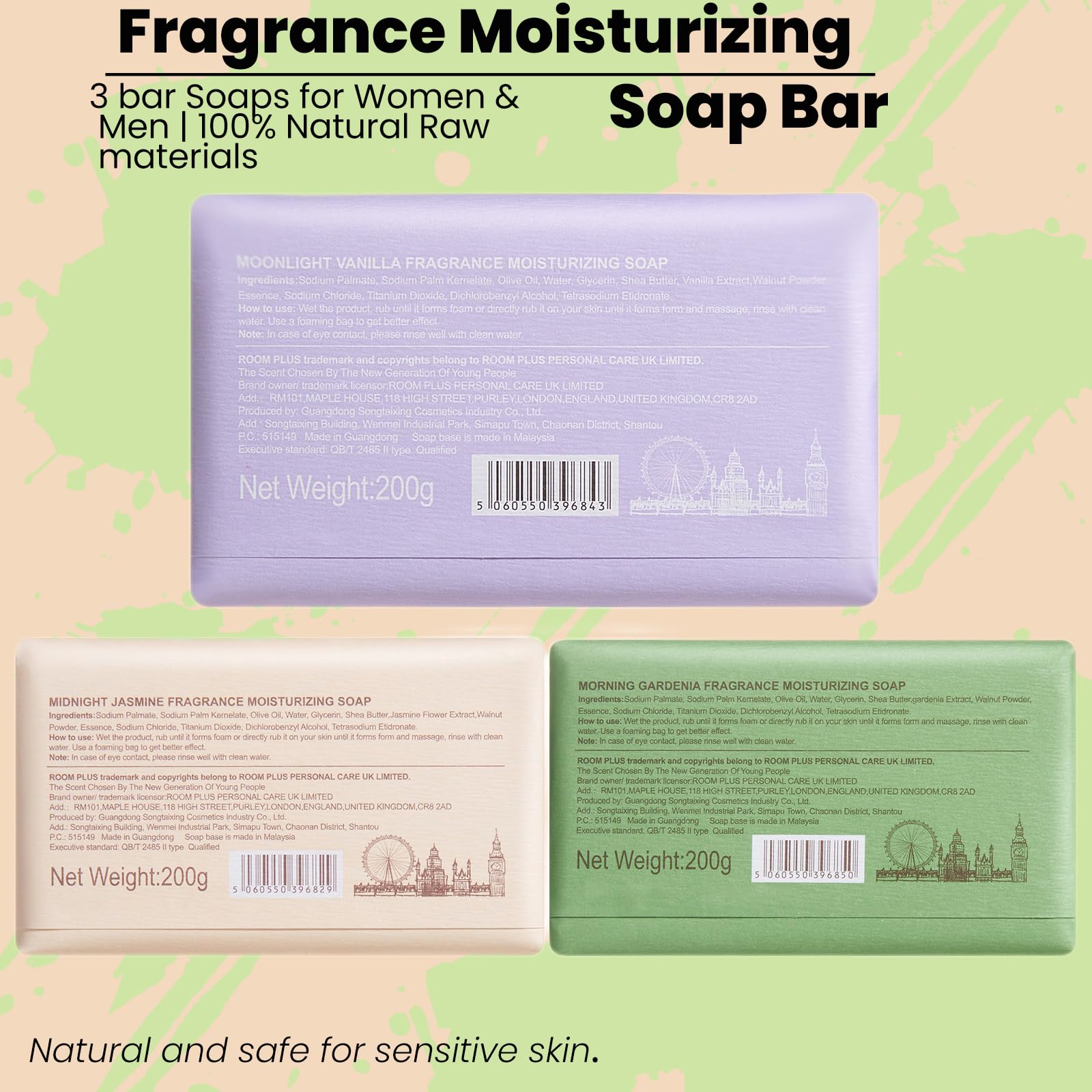 YESUN Fragrance Bar Soap, Big Brick of Bath Soap,Made with Organic Oils, 3-pack,1.3lb,Natural Soap Bar,Moisturizing clean, Floral Scent,Walnut Powder Exfoliates ROOMPLUS(Gardenia,Jasmine,vanilla)