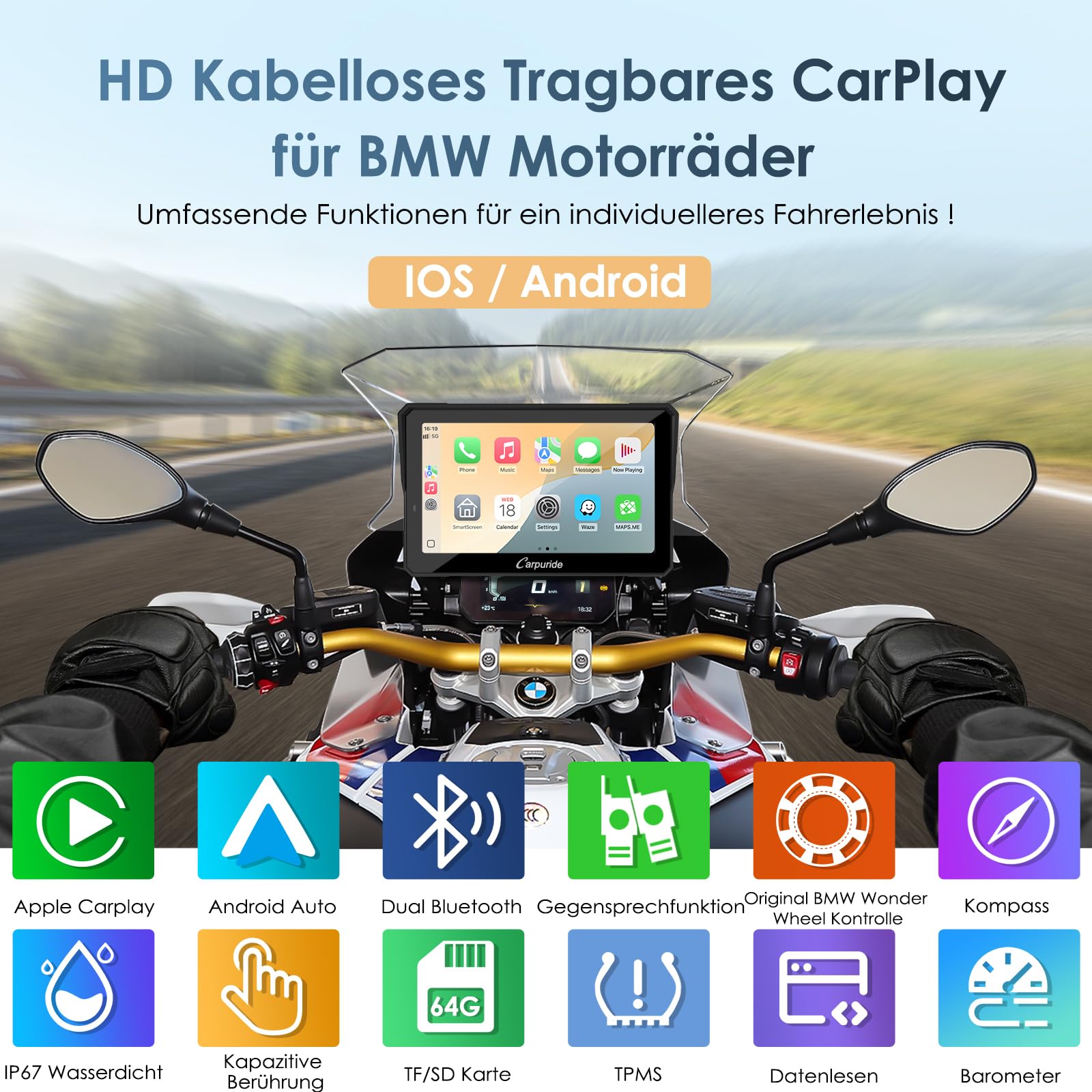 Carpuride W702BS Pro Motorrad Carplay Bildschirm mit Nativ Wonder Wheel für BMW Motorrad, Kabelloses CarPlay & Android Auto, 7" Wasserdichter Touchscreen, Dual Bluetooth, Gegensprech, Datenauslesung.