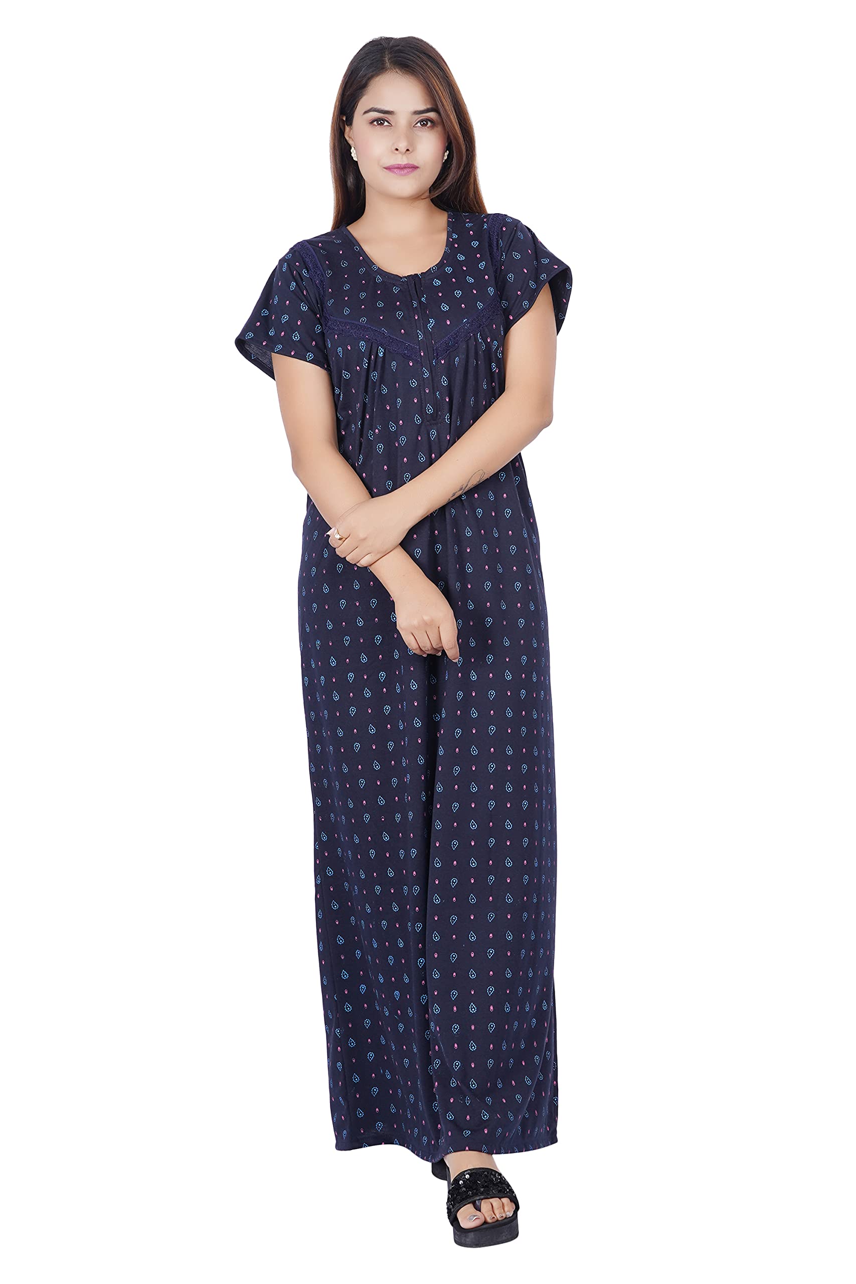 BHAVI Women's Hosiery Cotton Nighty| Half Sleeves | Night Wear | Maxi for Women | Size-XL, U Shaped Neck (Article-SK-008) Dark Blue-picture-49