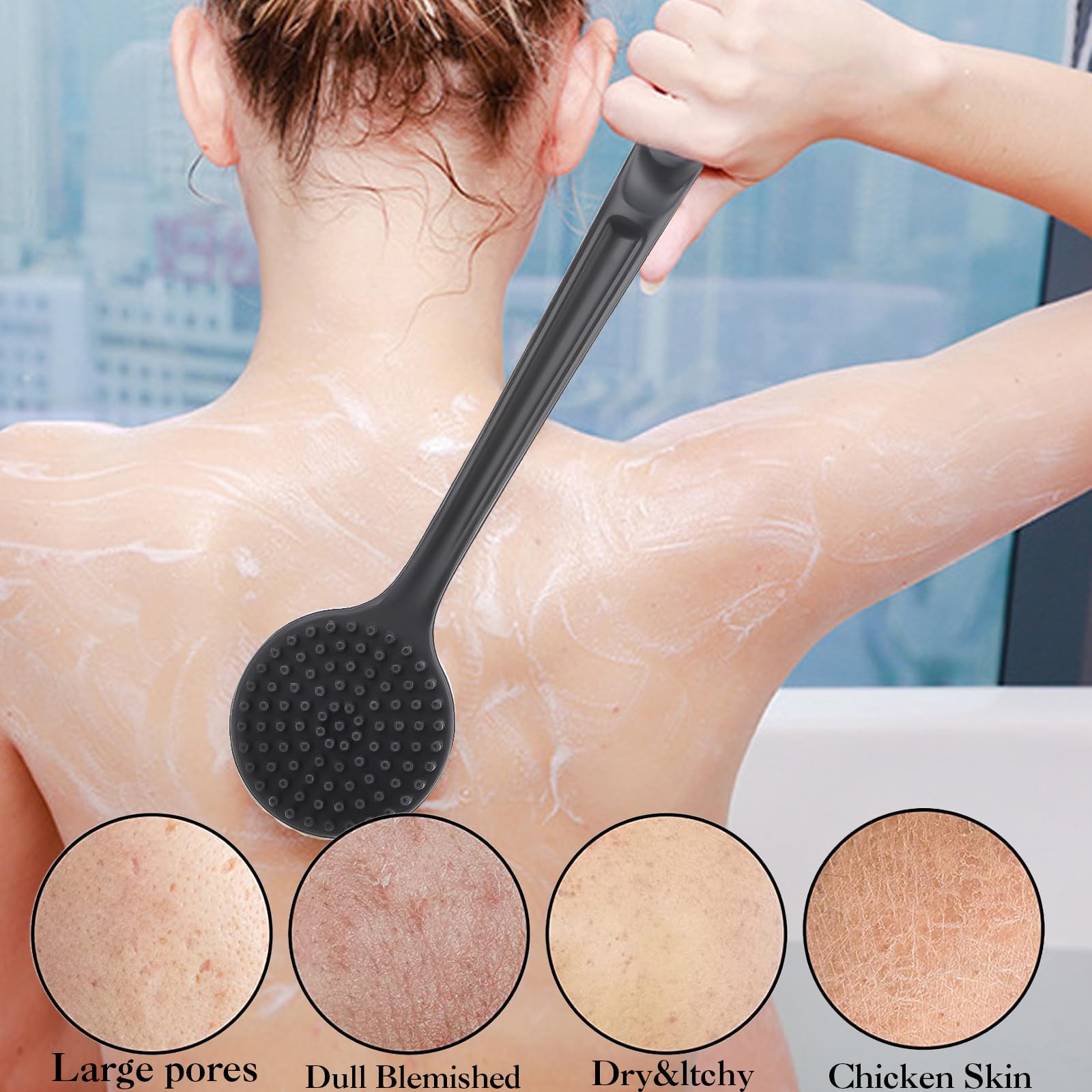 2 Pezzi Spazzola Schiena Doccia con Manico Lungo Spugna Silicone Corpo Nero Body Back Scrubber Lavaschiena per Doccia Esfoliante e Massaggio