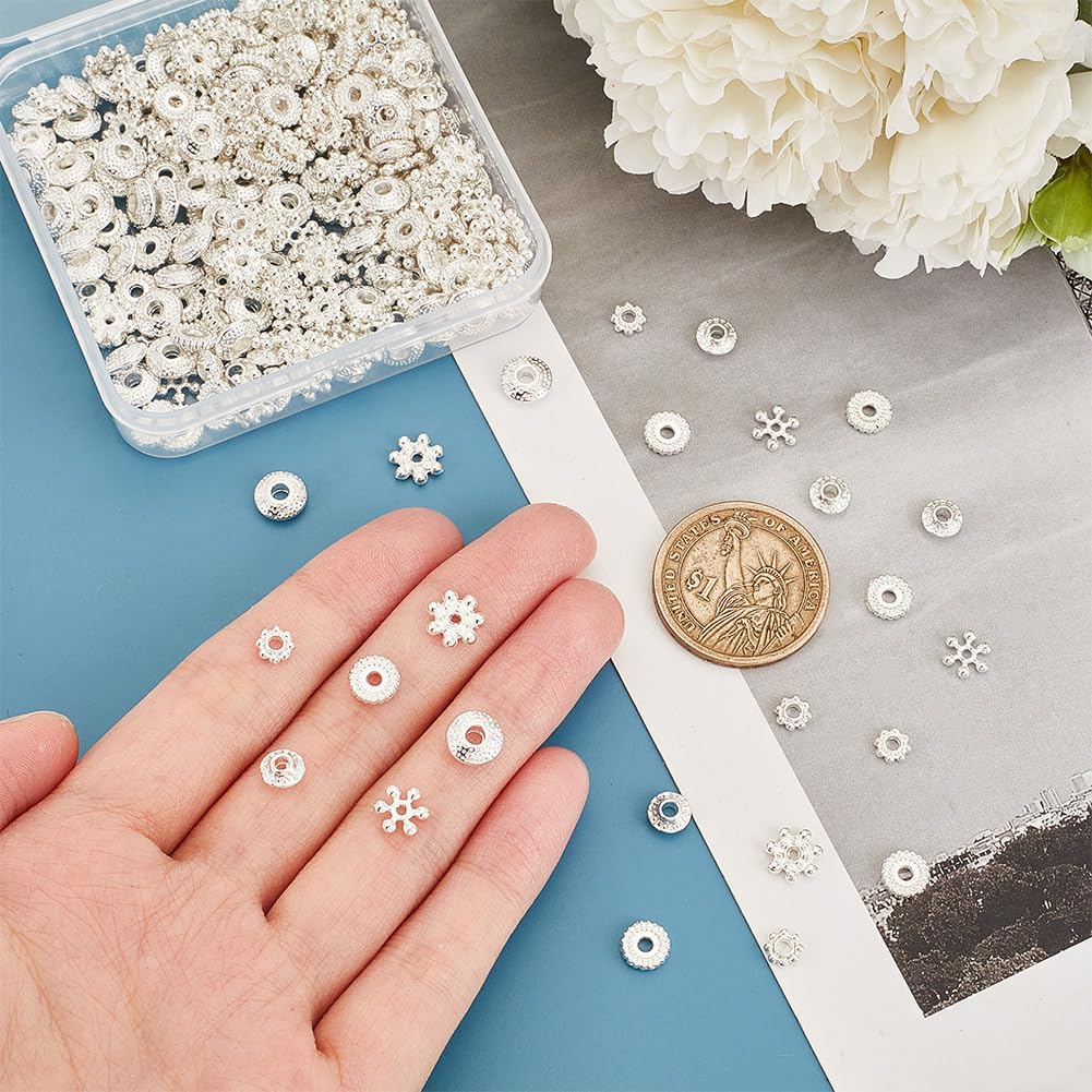 PH PandaHall 300PCS 6 Styles Metal Spacer Bead, Silver Alloy Daisy Beads Bicone Flower Beads Flat Rondelle Snowflake Loose Beads Charms for Bracelet Necklace Earring Jewelry Making Supplies - Image 3