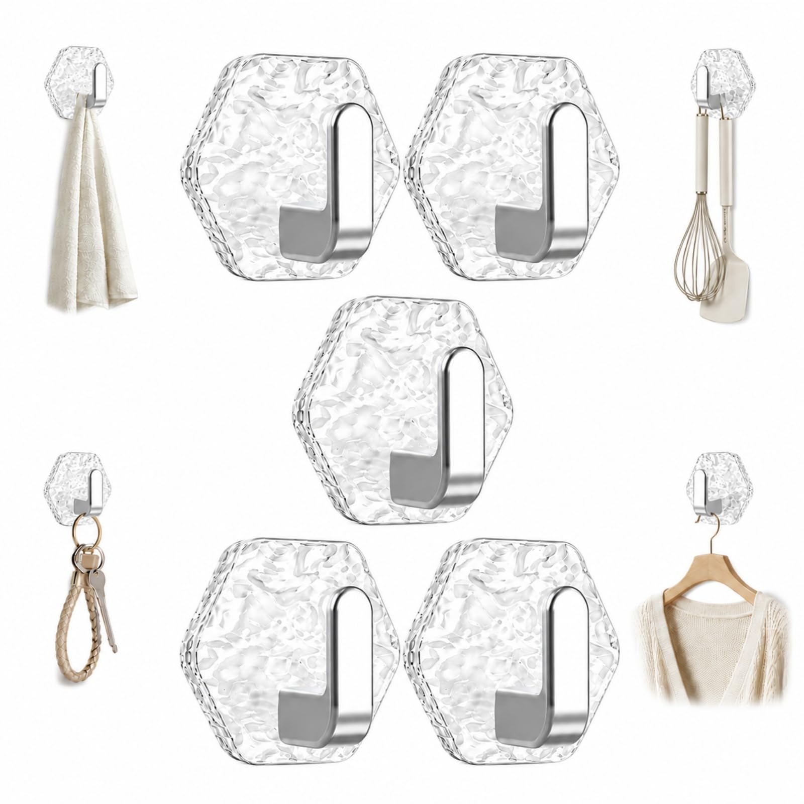 ZrdlqlLcjxy Water Ripple Hexagonal Self Adhesive Hooks, Drill Free Wall Hangers, Transparent Key Holder for Bathroom, Kitchen, Office, Living Room，5Pcs（Silver）