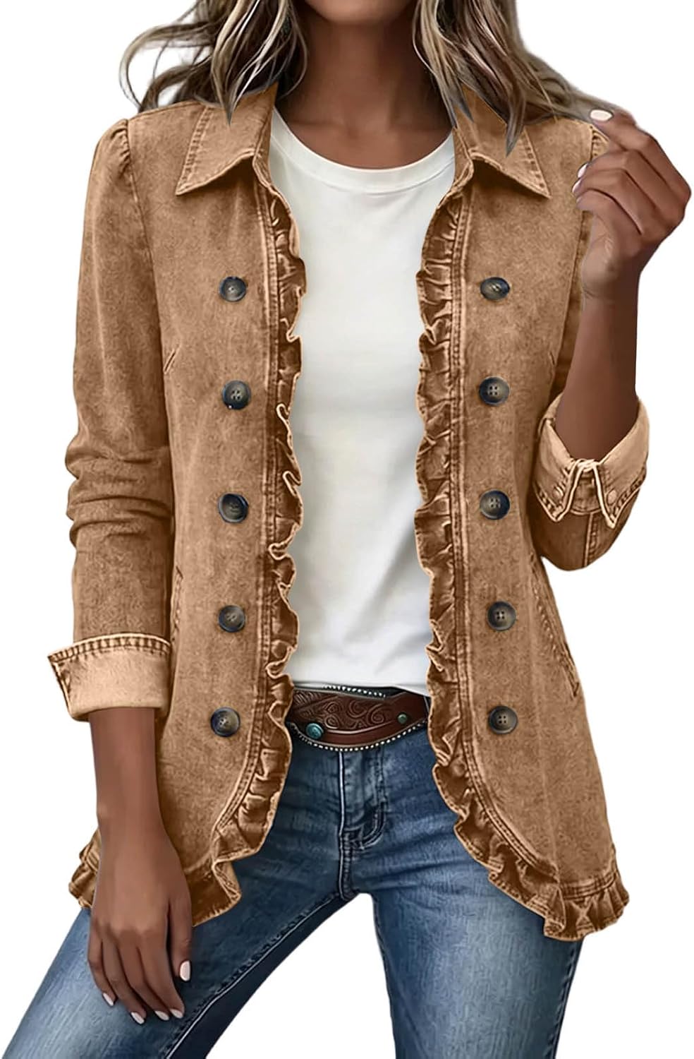 Women's Denim Jacket Ruffle Trim Collared Vintage Open Front Coat