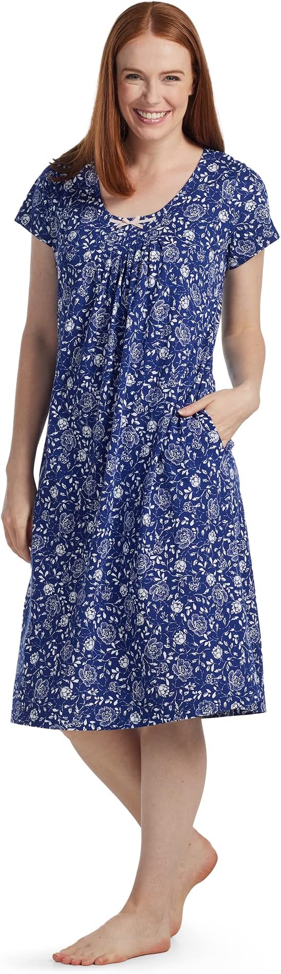 Miss ElaineCotton Nightgown, Scoop Neck and Knee Length, Pockets, Sleepwear & Loungewear