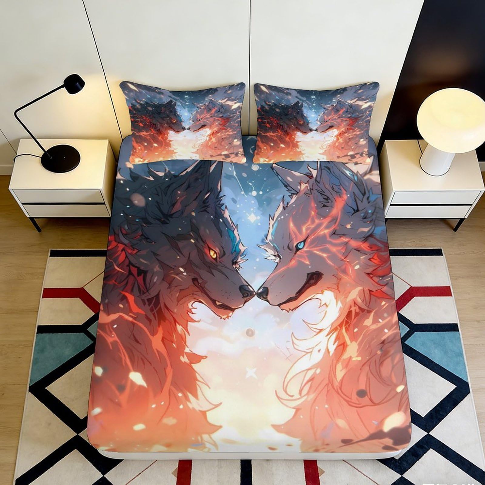 3D Printed Fiery Wolf Design Fitted Sheet Microfiber Soft Durable Ethereal Glow Bed Cover for Bedroom Dormitory Guest Room Mattress Protection 120x200x25cm