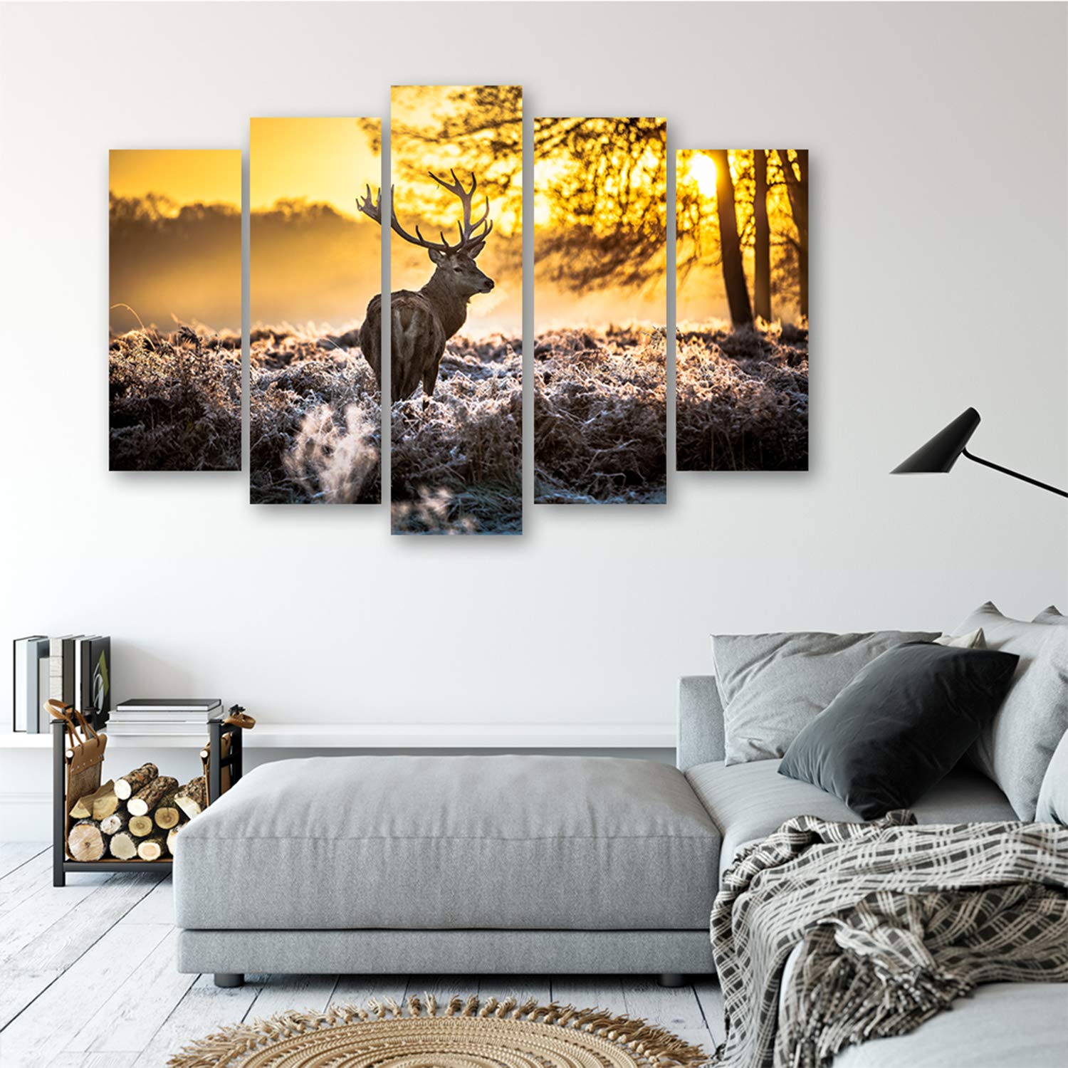 Feeby Bilder Hirsch Wald Nebel XXL 200x100 cm 5 Teilig Wohnzimmer Schlafzimmer Modern Wandbilder Leinwandbilder Bild auf Leinwand Kunstdruck Wanddeko Design Sonnenuntergang Landschaft Natur Orange
