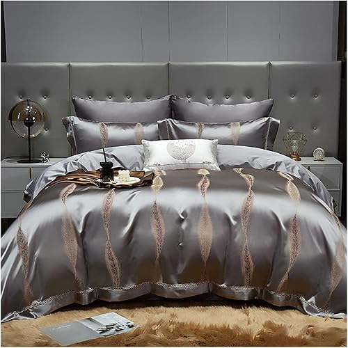 AENY Juego de ropa de cama clásico de satén de algodón funda de edredón de jacquard dorado a juego con fundas de almohada sedosas de seda doble