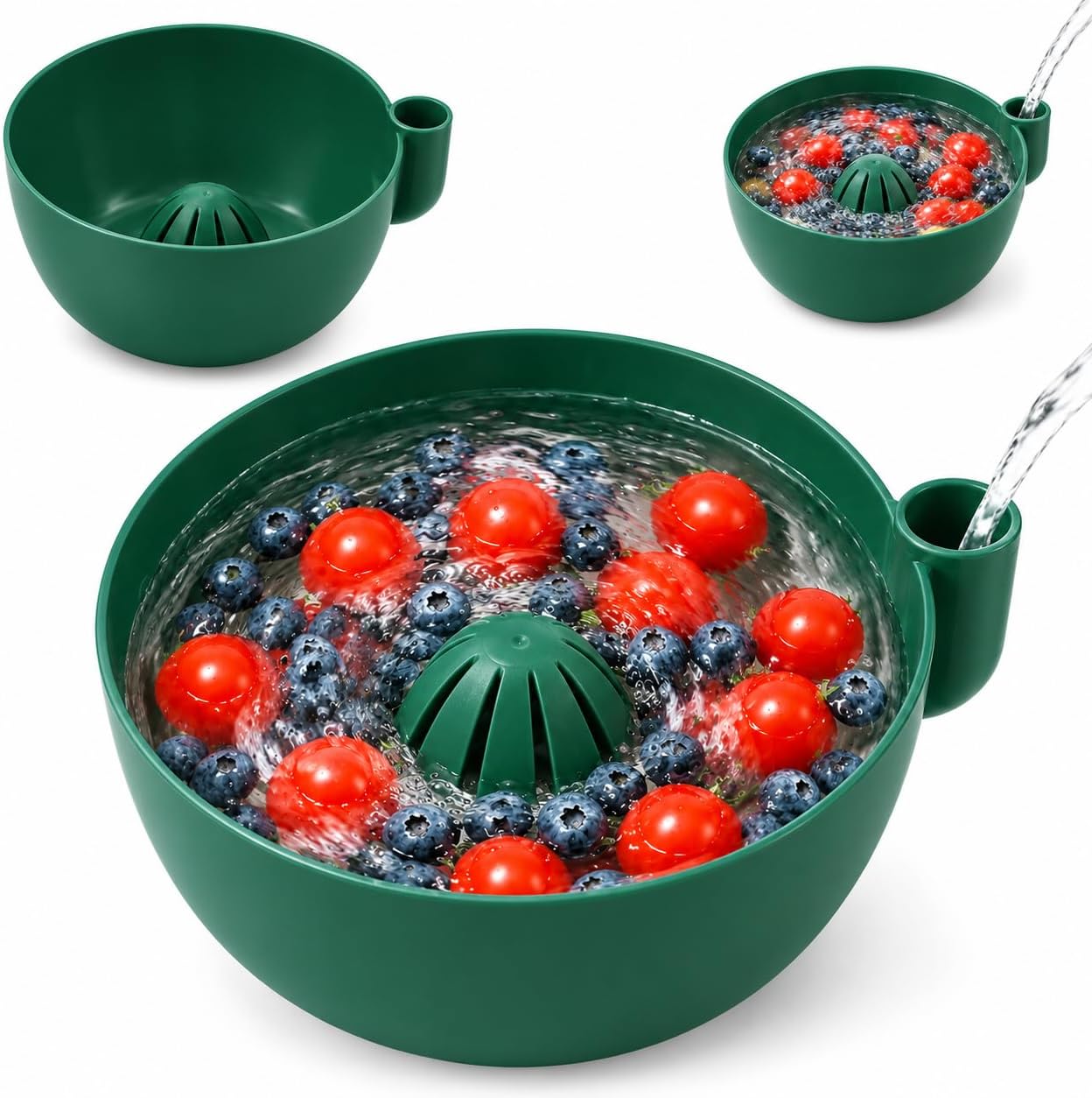 ABS Fruit Washer Bowl with Self Spinning Swirl Drainage System (green)