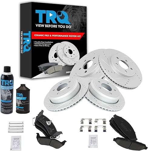TRQ Kit de pastillas de freno delanteras y traseras y rotores de cerámica perforada con revestimiento en G premium compatible con Ford Crown