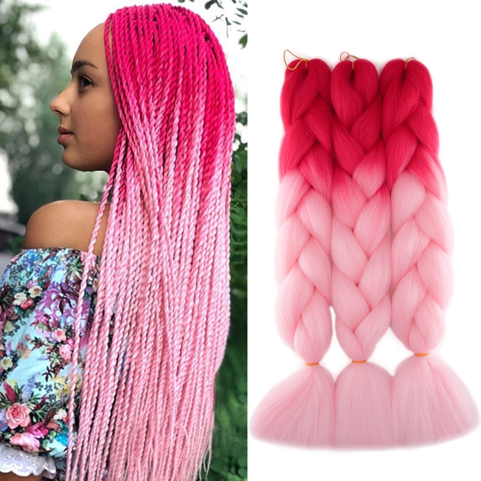 Gairyan Extension per Treccine Africane Extension Capelli Finti per Treccine Afro 60cm Ombre Kanekalon Treccia Capelli Sintetici Crochet Twist Jumbo Braids 3 Pezzi (Rosa Scuro/Rosa)