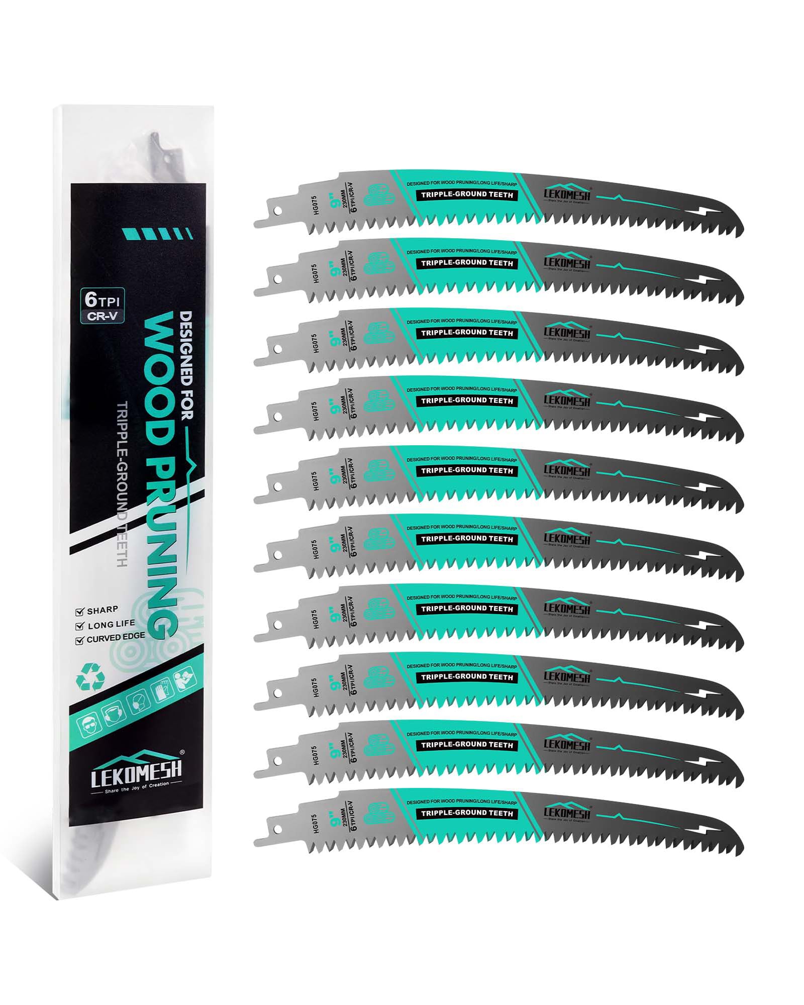LEKOMESH 230MM Japanese Teeth Reciprocating Saw Blades Wood Pruning - 10pcs Curved Edge 6TPI for Tree Trimming, Wood/PVC Pipe Cutting, Cr-V Sabre Blades Better Wear Resistance