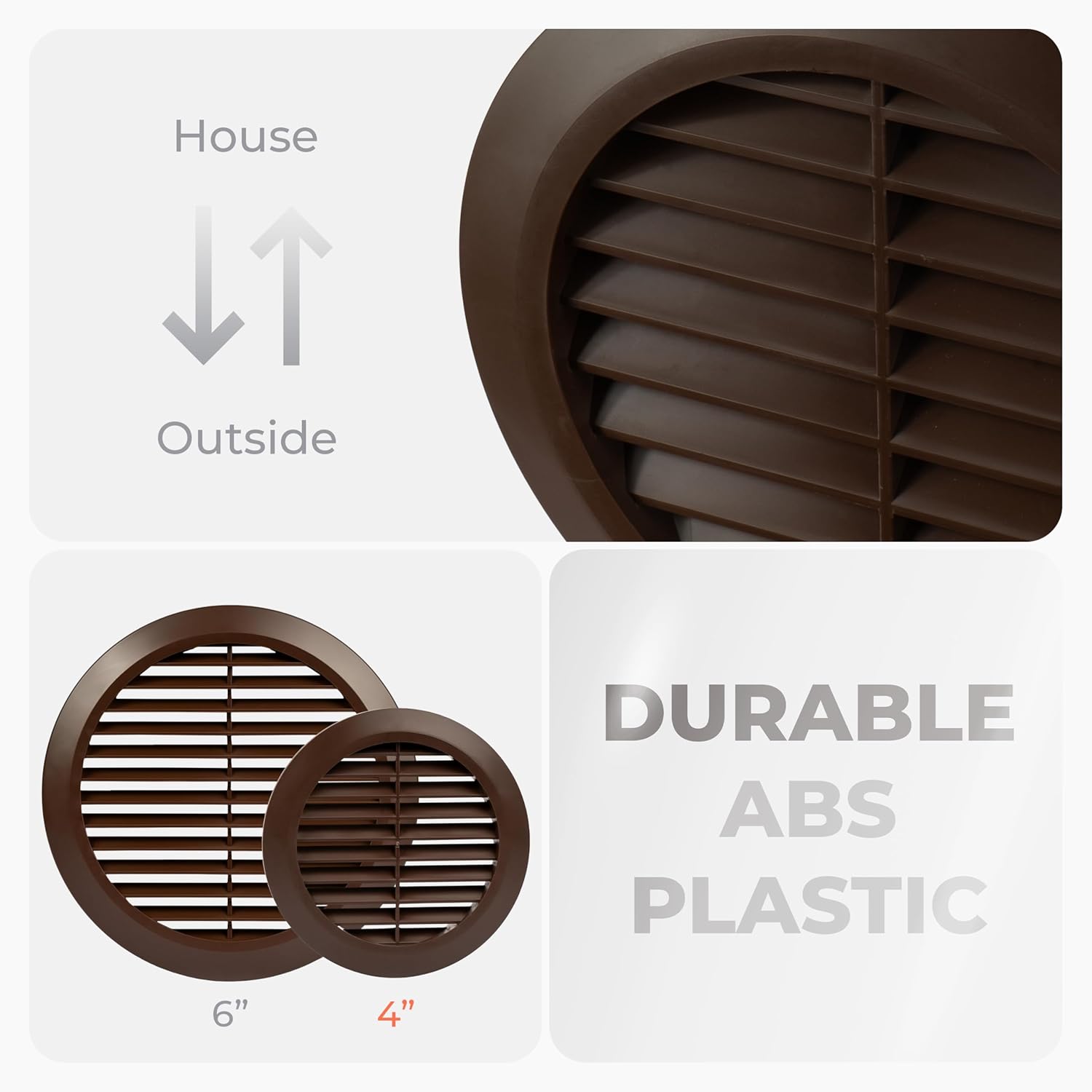 4" Inch (Opening) Brown Round Air Vent Cover - 2-Pack Plastic Fresh Air Intake Vent - Modern Soffit Vents - AC Cover with Nylon Mesh Screen - Wall, Ceiling HVAC Return Air Register