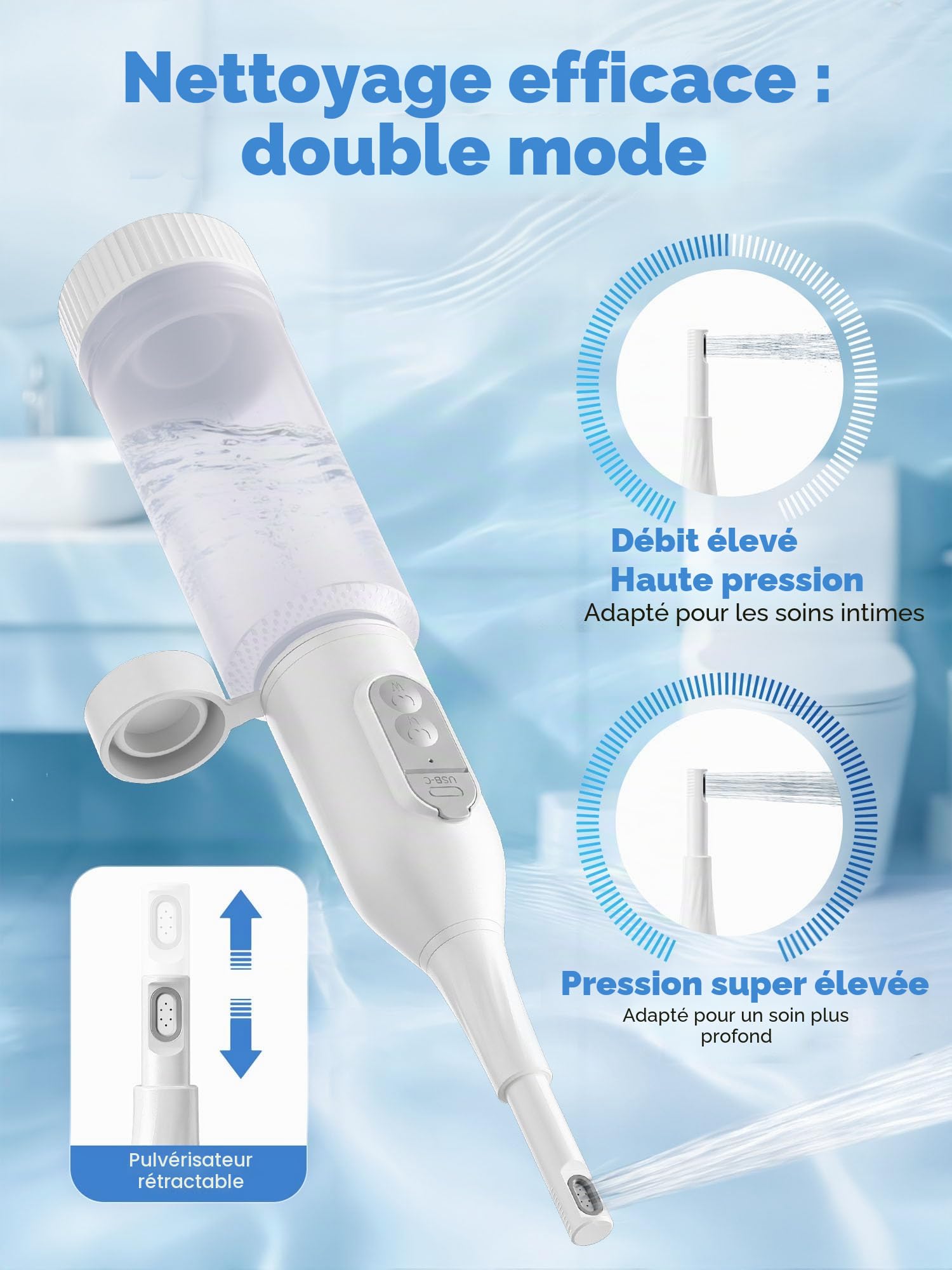 Bidet Portable,Bidet électrique de Voyage,2 Modes de Pression,IPX7 Étanche, Buse réglable à 180°, Lave-Fesses Ergonomique, Hygiene des Parties Intimes Soins du Post-Partum Périnée