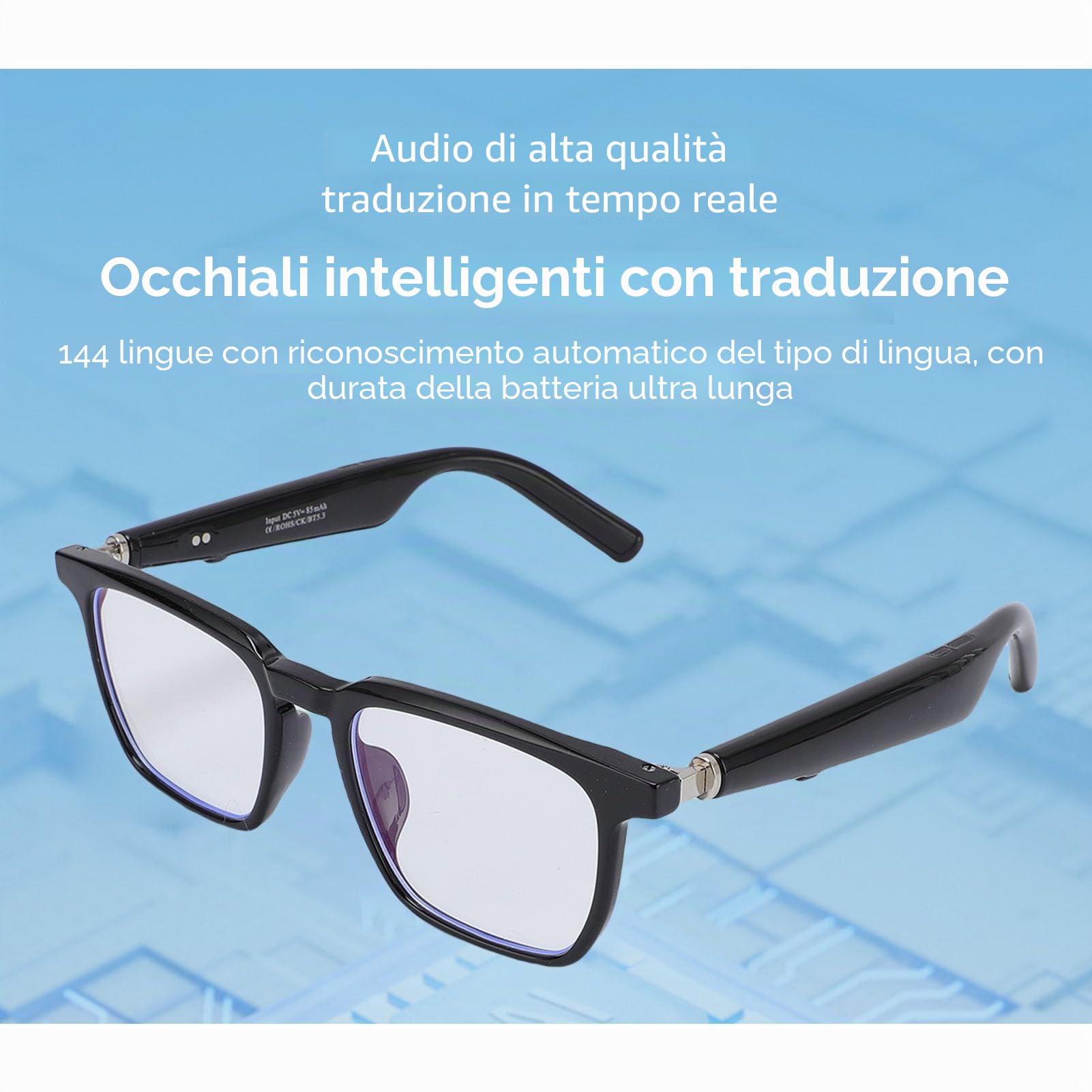 AI Smart Glasses con Traduzione in Tempo Reale, Wireless Bluetooth Traduttore AI Smart Glasses Interpretazione Simultanea per Oltre 100 Lingue, Occhiali da Sole Polarizzati per (BLACK)