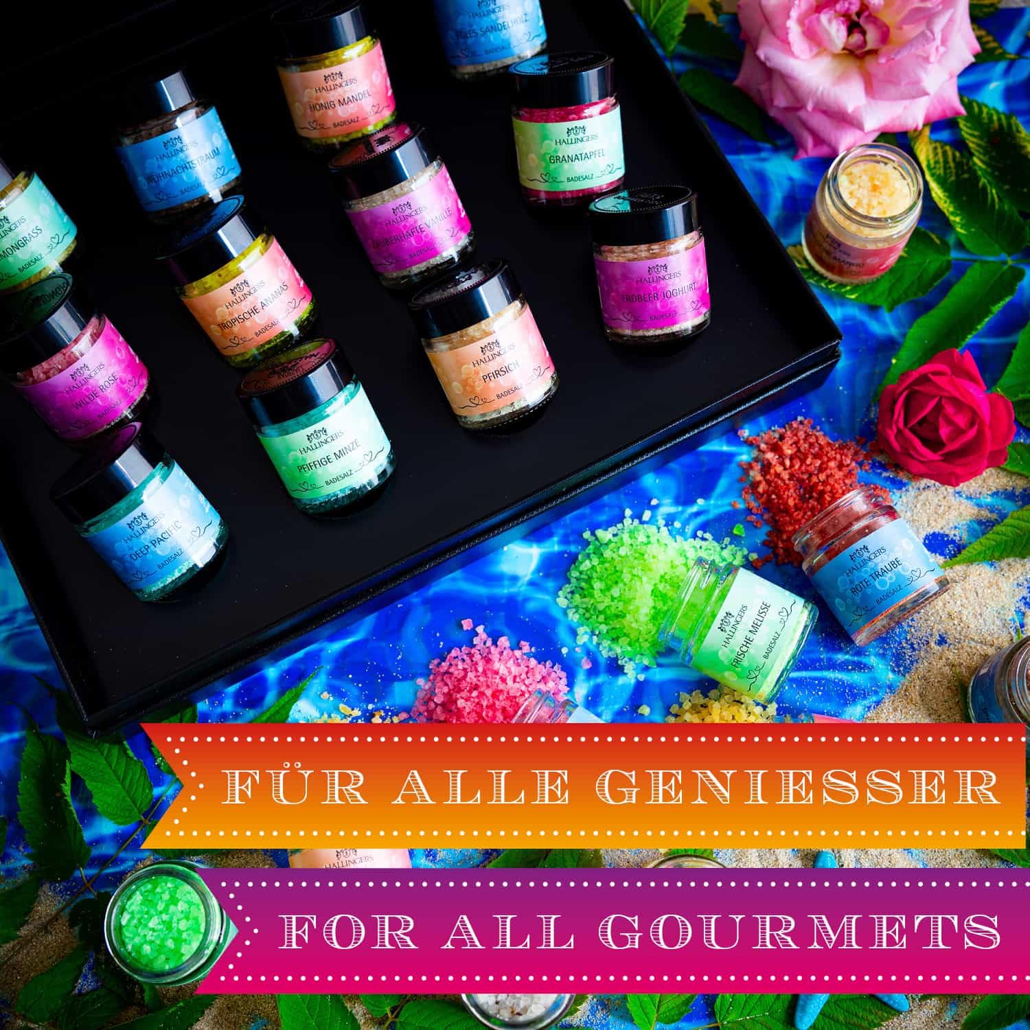 Hallingers Genuss Manufaktur Badesalze Oster-Geschenk-Set - 12x Badezusatz mit Totes Meer Badesalz edle Geschenkbox, Badekristalle Fußbad & Spa "Frohe Ostern - ...", Ostern Körbchen für Frauen Mädchen