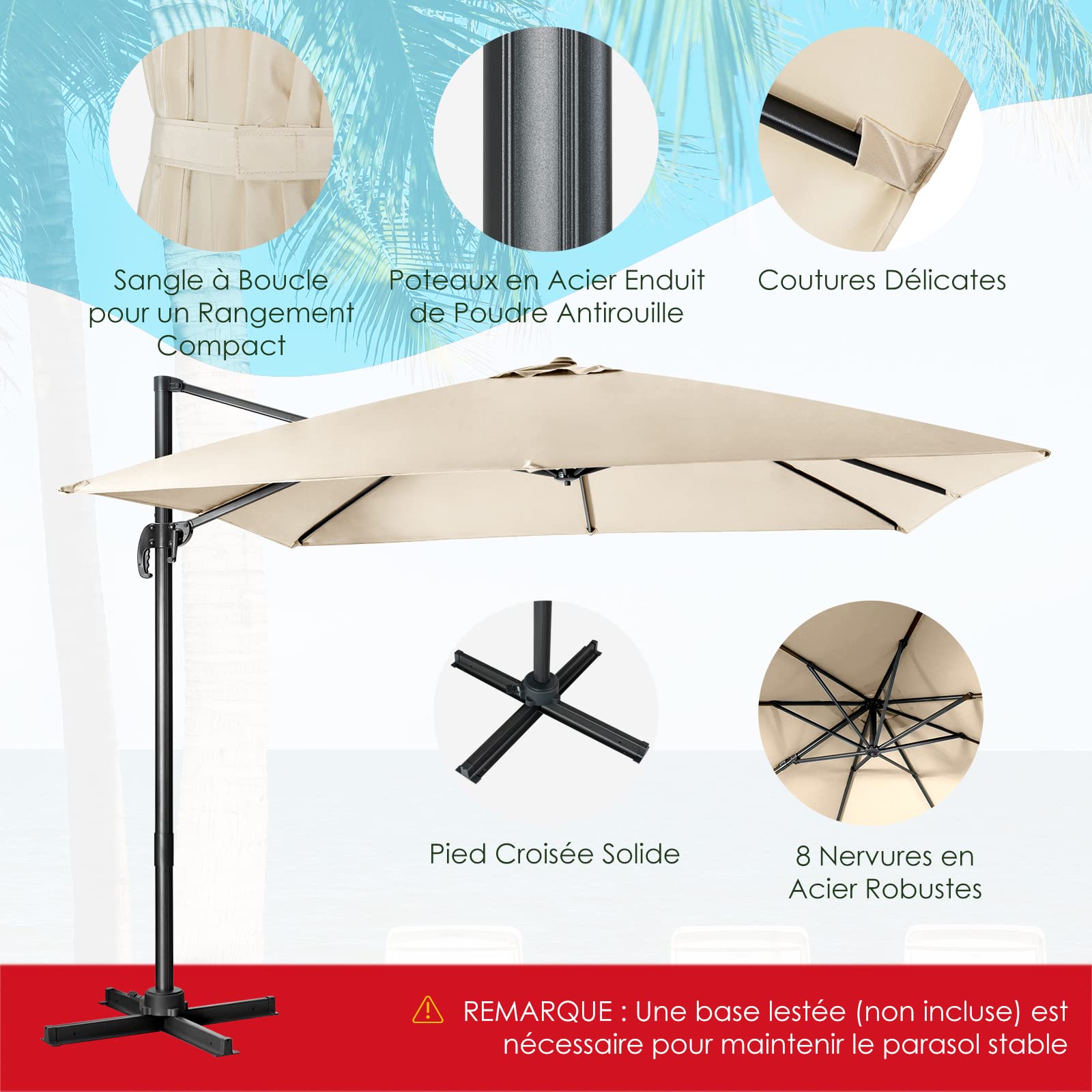 COSTWAY Parasol de Jardin Extérieur, Parasol Déporté Carré 3x3M à Manivelle, Inclinable et Rotation à 360°, 8 Baleines, Toit Double Ventilation Protection UV, pour Terrasse, Patio, Balcon, Beige