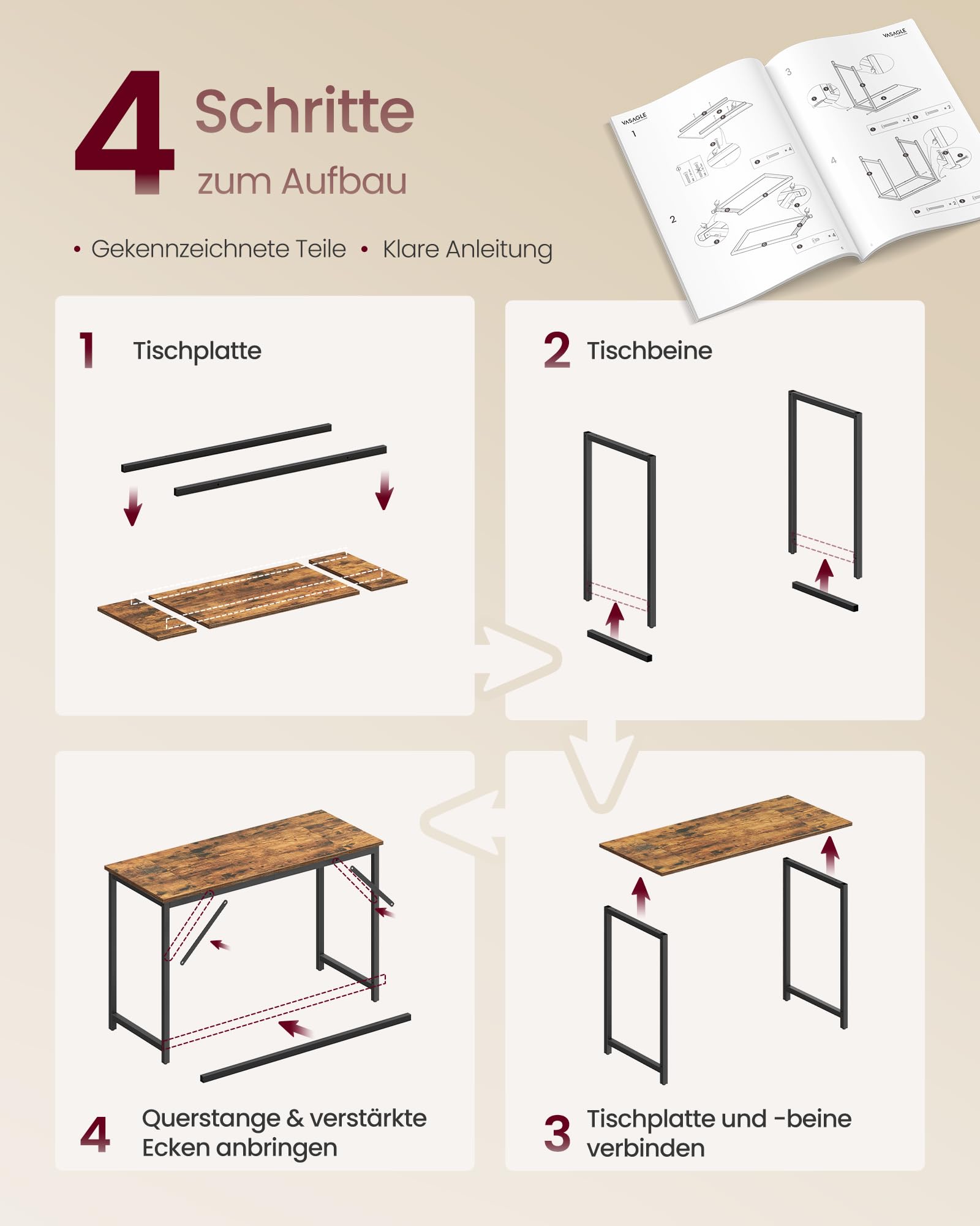 VASAGLE Tisch, Computertisch, Bürotisch, 120 x 50 x 76 cm