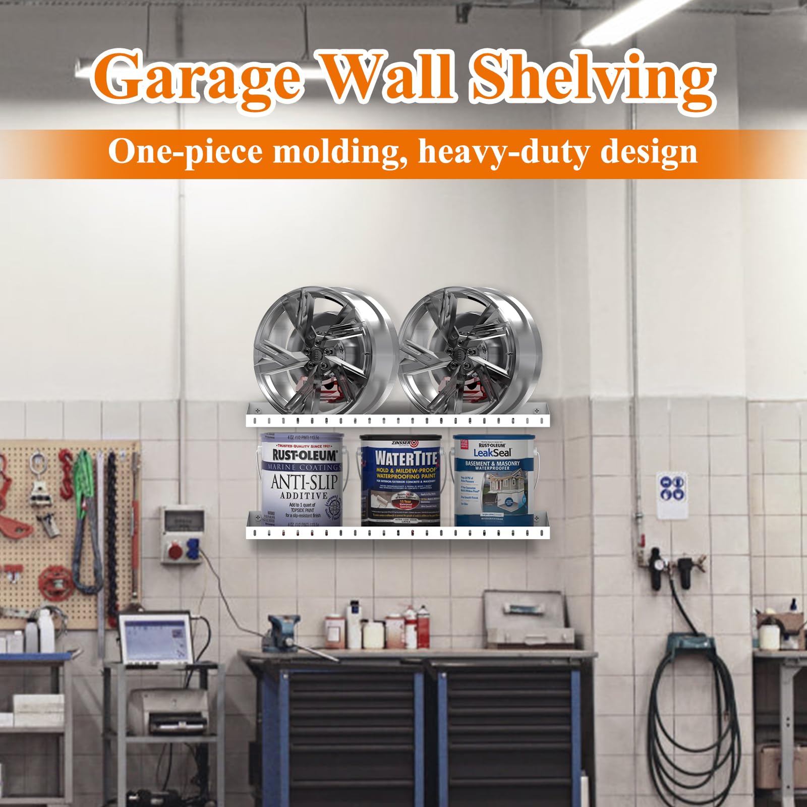 Confezione da 2 mensole da parete per garage, 3,5 x 0,6 m, resistenti mensole da parete per lavanderia, armadio, portata fino a 68 kg, bianco