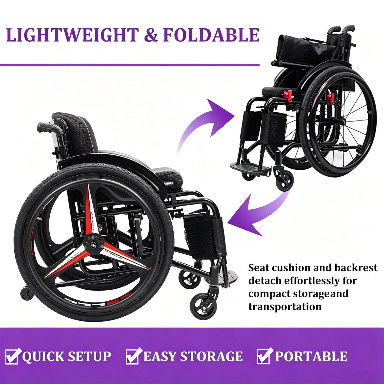 Carrozzina Sportiva Leggera e Pieghevole 42cm | Carrozzina da trasporto per adulti, ruote posteriori da 24", altezza seduta regolabile, telaio in lega, 59 x 83 x 70 cm