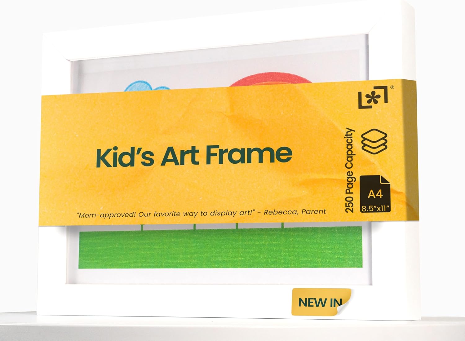 Magnetic Kids Art Frame 8.5x11 – Lift-Top Real Wood Artwork Display & Storage – Strap-Free Changeable Frame Holds 250 Drawings – Freestanding or Wall Mounted - White