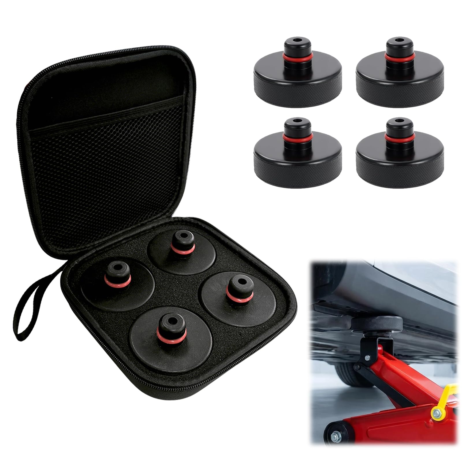 4 Pcs Almohadillas de Elevación para Auto Model 3/Y/S/X, Almohadillas de Goma de Elevador de Gato Hidráulico, Protector de Soporte Jack Pad, Adaptador para Gato de Coche con Caja de Almacenamiento