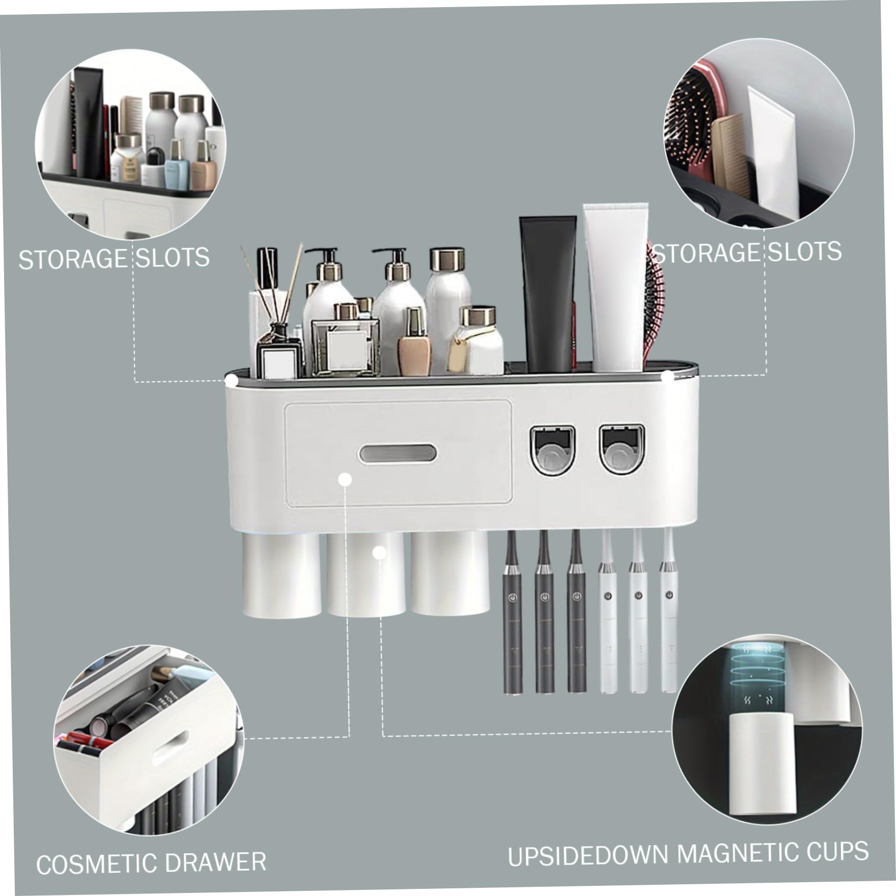 Dispenser automatico di dentifricio con 3 tazze, portaspazzolino da parete senza trapano Organizzatore da bagno, ripiano in ABS Portaspazzolino grigio Supporti elettrici Dispenser automatico da p