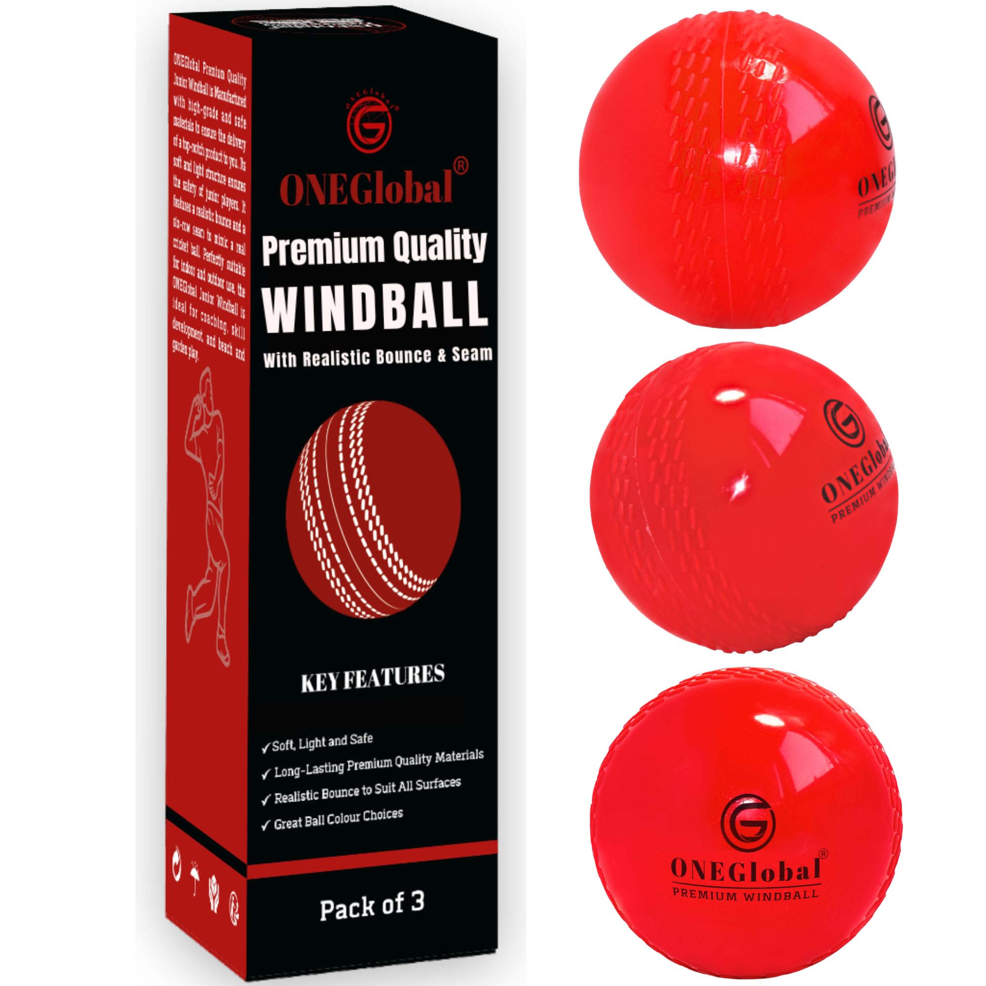 ONEGlobal Premium Windball Soft Cricket Ball | Durable, Embossed Seam, True Bounce & Swing | Wind Ball Cricket Balls for Outdoor & Indoor Practice, Coaching, Garden & Beach Games (3 Red)