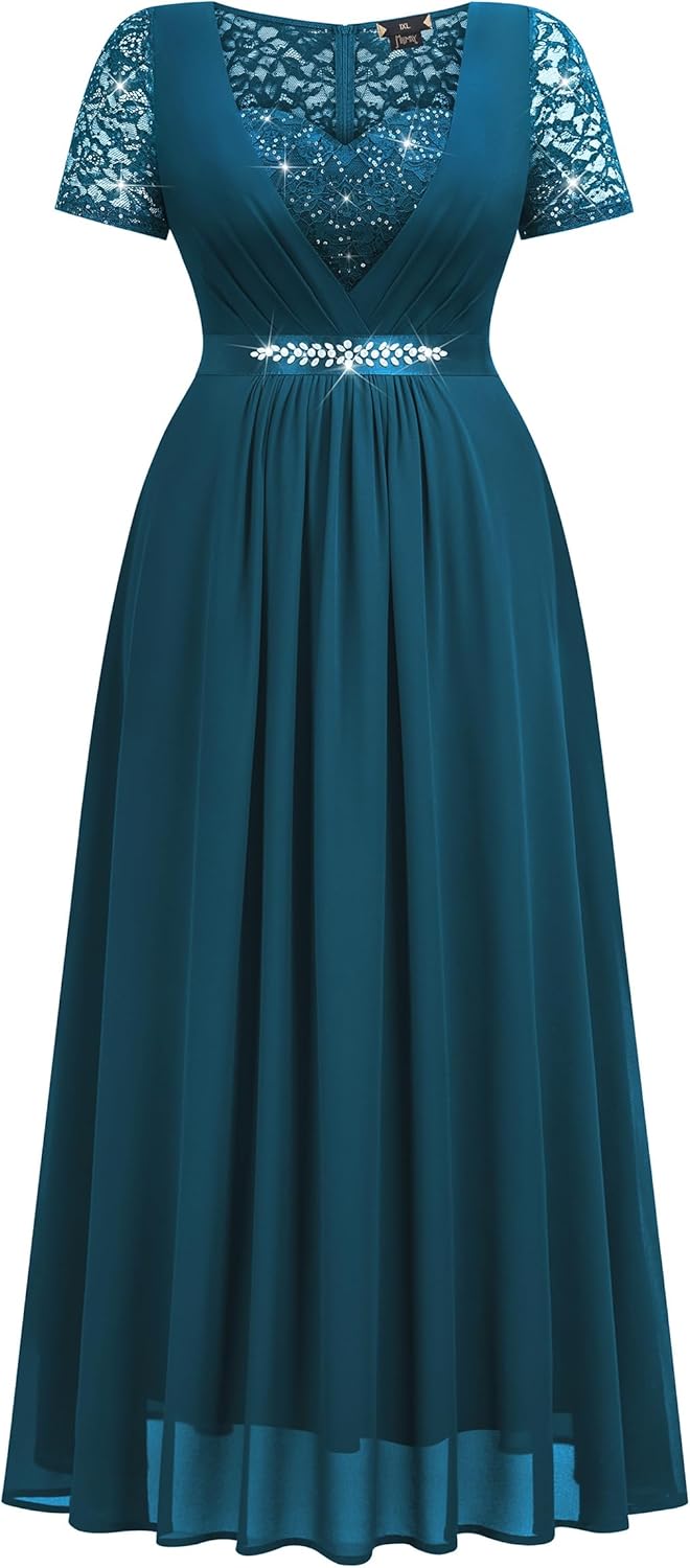 MISSMAY Women's Plus Size Sweetheart V Neck Sequins Lace Contrast Rhinestones Ribbon Waist Chiffon Prom Formal Dress - Image 5