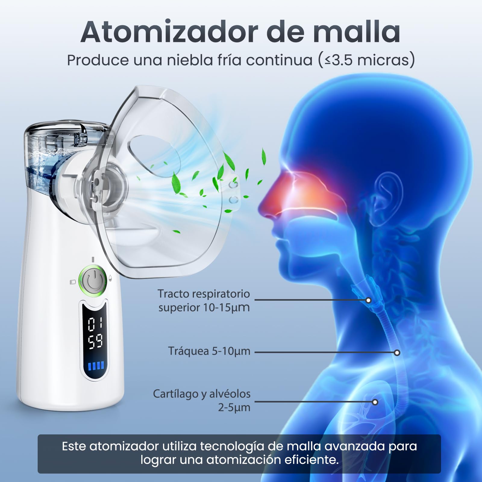 Nebulizador Silencioso, Recargable USB-C, Máquina de Nebulizador Para Adultos y Niños, Con Pantalla Digital, Nebulizadorultrasónico Con 2 Máscaras y Una Boquilla – Gris