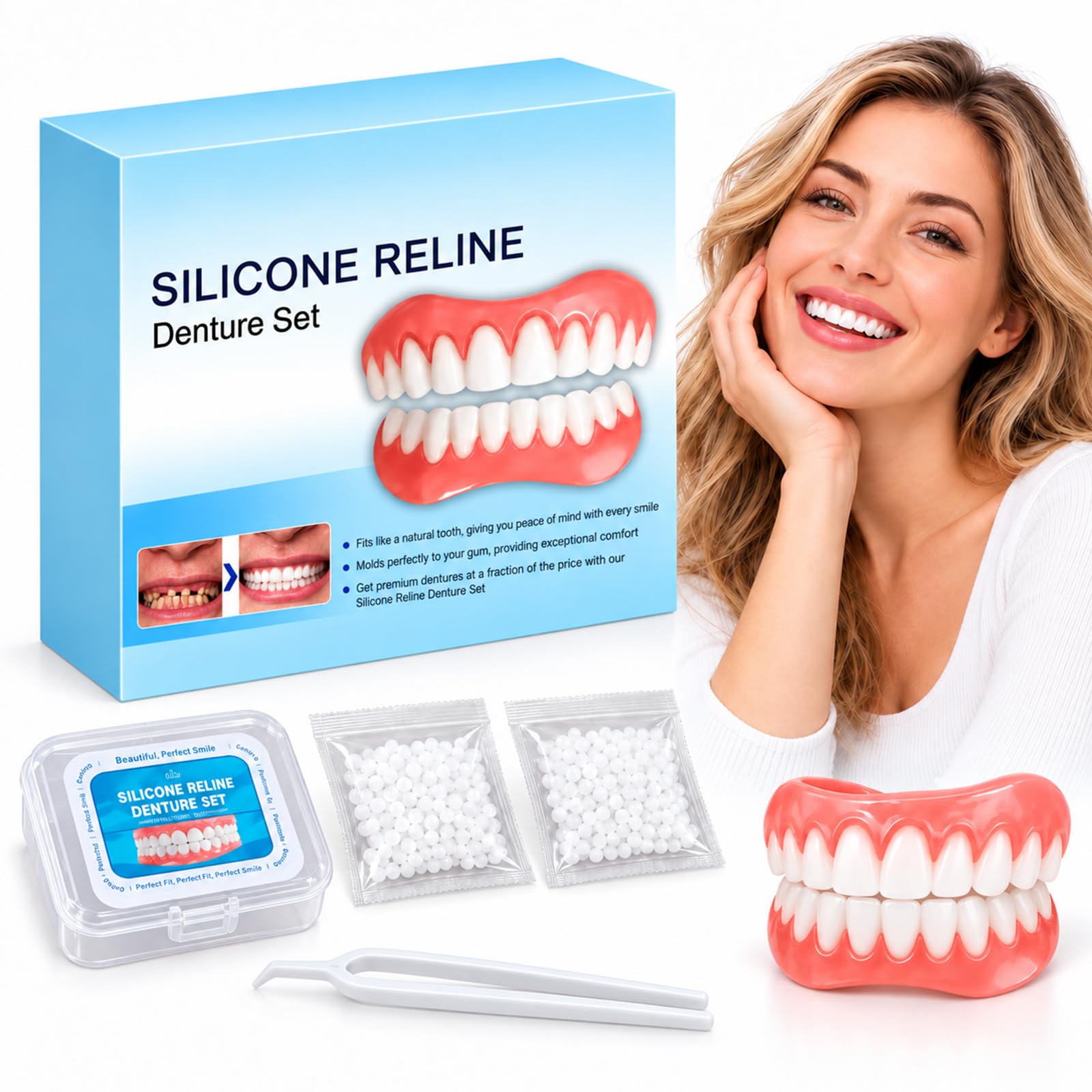 Temporary Denture Kit, Moldable Silicone False Teeth Veneers, Upper and Lower Snap On Tee…