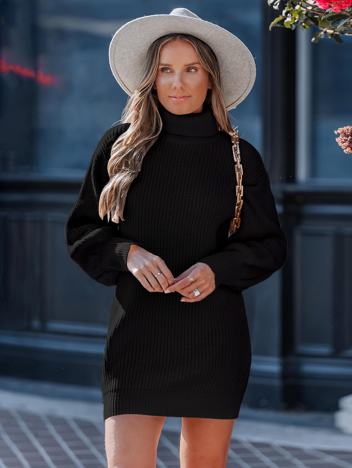 SunnyMelody Womens Turtleneck Sweater Dress Fall Winter 2025 Trendy Long Lantern Sleeve Casual Knit Pullover Mini Dresses - Image 2