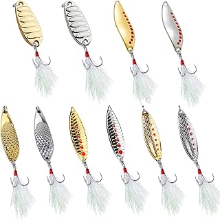 Spoon Fishing Lures with Rooster Tail Treble Hooks Zinc Alloy Spinner Baits Fishing Lures for Trout Pike Bass Walleye Salmon Fishing Spoon 10pcs FS/YE-09