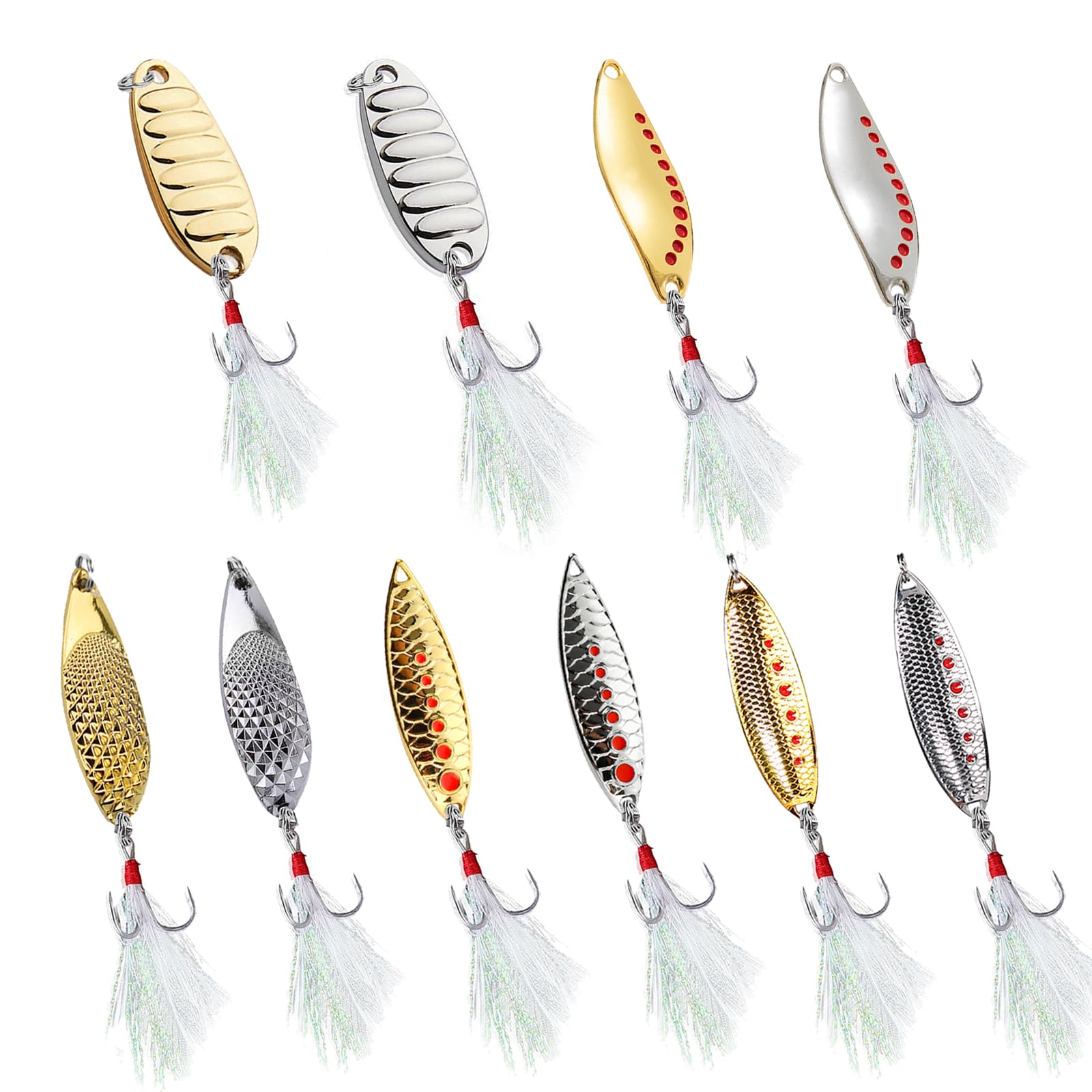 Fishing Lures 10pcs Spoon Spinner Baits with Rooster Tail Treble Hook Zinc Alloy Fishing Spoons for Bass Trout Pike Walleye Salmon Freshwater Saltwater Lures FS/YE-09