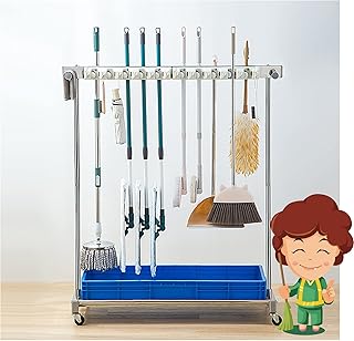 Utility Rack for Mops And Brooms,cleaning cart,Movable Commercial Mop Rack,Mop Drain holder,Can put wet mops,Cleaning Supplies Organizer, with Universal Wheels,House,Hotel,Office,Resterant Must Have (