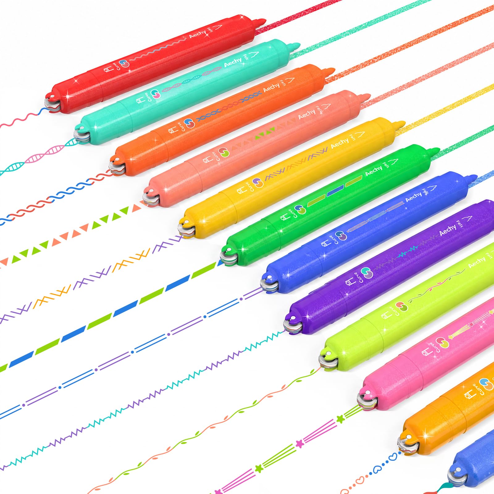 AECHY 12 Pack Dual Tip Curve Pens, 2-Colour Pattern Roller & Glitter Marker