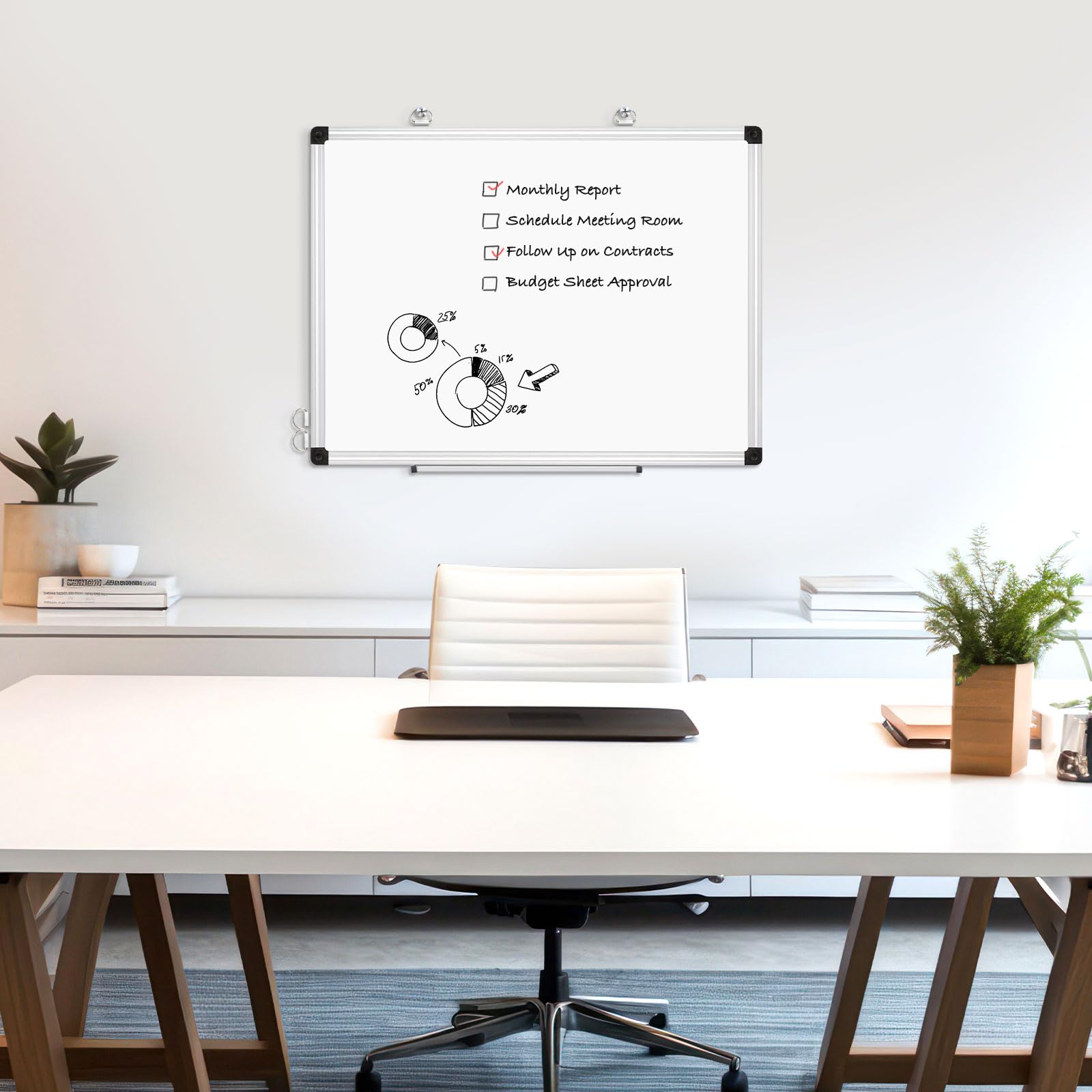DOLLAR BOSS Tableau blanc magnétique mural double face 90x60 cm | Tableau d'affichage magnétique avec cadre en aluminium Pen Ray - Effaçable à sec - Pour cuisine, bureau et école
