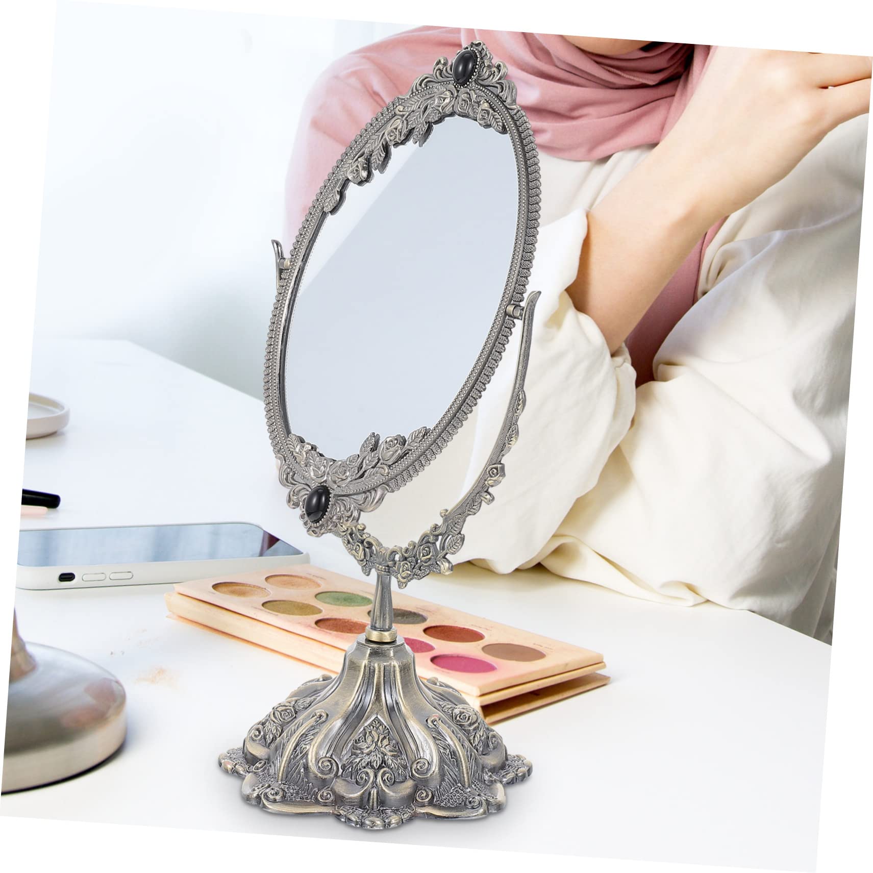 Beavorty Vintage Tischspiegel aus Zinklegierung, Doppelseitig Drehbar | Schminktischspiegel für Makeup und Hochzeit, Flacher Standfuß, Europäischer Stil, Hohe Definition