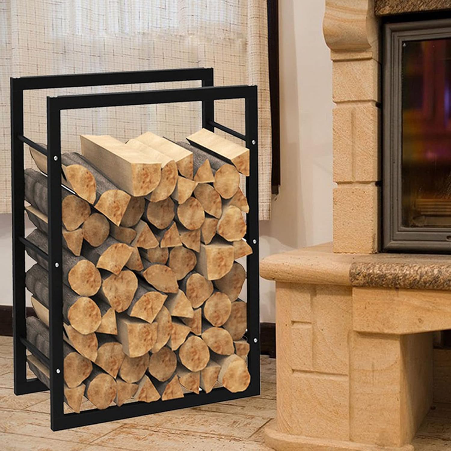 Firewood Rack Metal Firewood Log Store Holder Firewood Rack Indoor Outdoor Fireplace Fire Log Stacker Stand Heavy Duty Wood Storage Shelf with Side Rails Easy Assemble Fire,