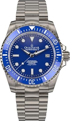 OceanevaTM Mens Deep Marine Explorer II 1250M Titanium Watch Blue Diver Watch - 42 mm Screw Down Case Back - 1250M Water Resistance - Gold Plated Swiss Made Automatic Movement Watches