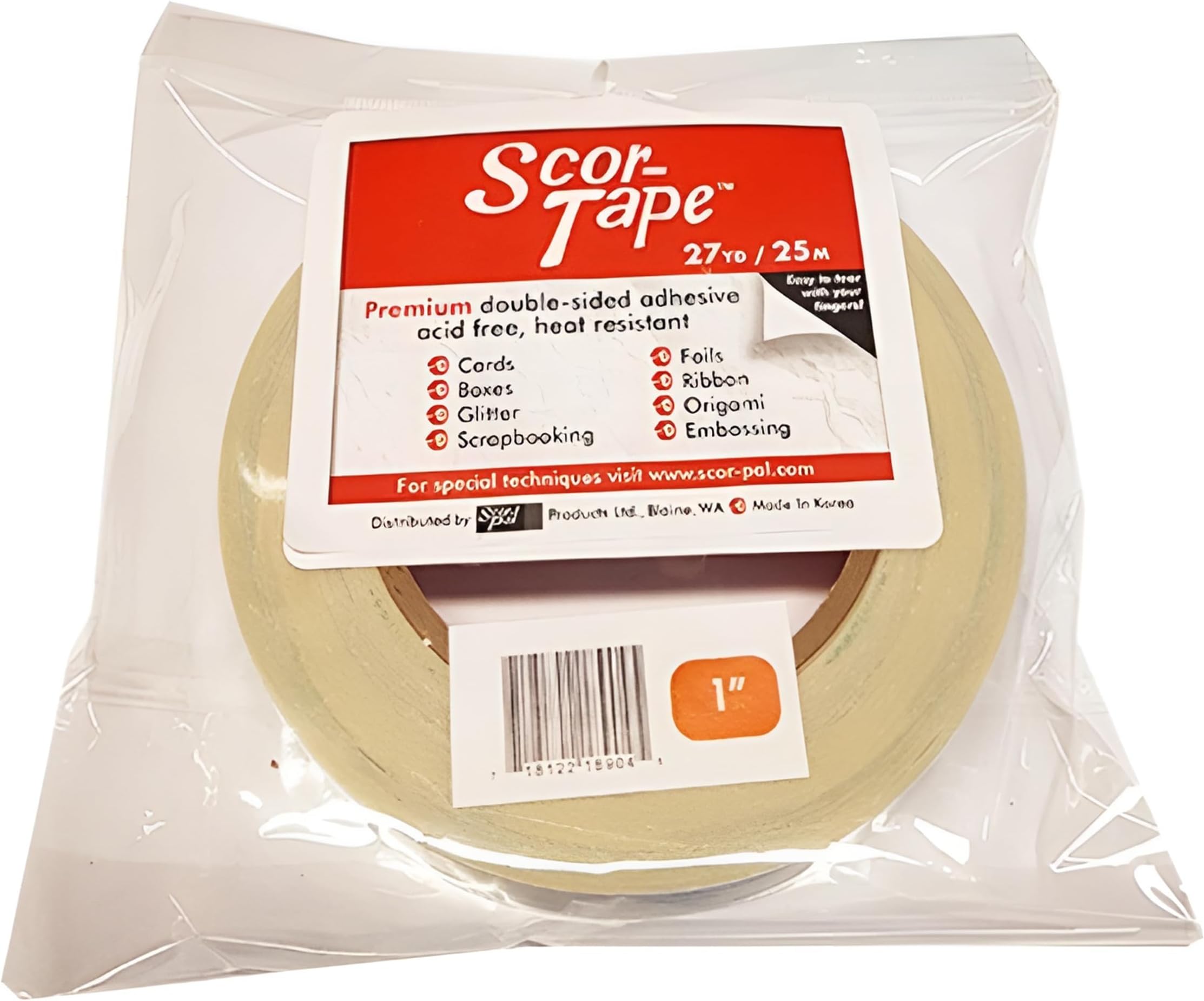 Scor-Tape 1" Double-Sided Adhesive Tape, 27 Yards, Acid-Free, Ultra-Thin, Perfect for Card Making, Scrapbooking & Paper Crafts, Single Roll
