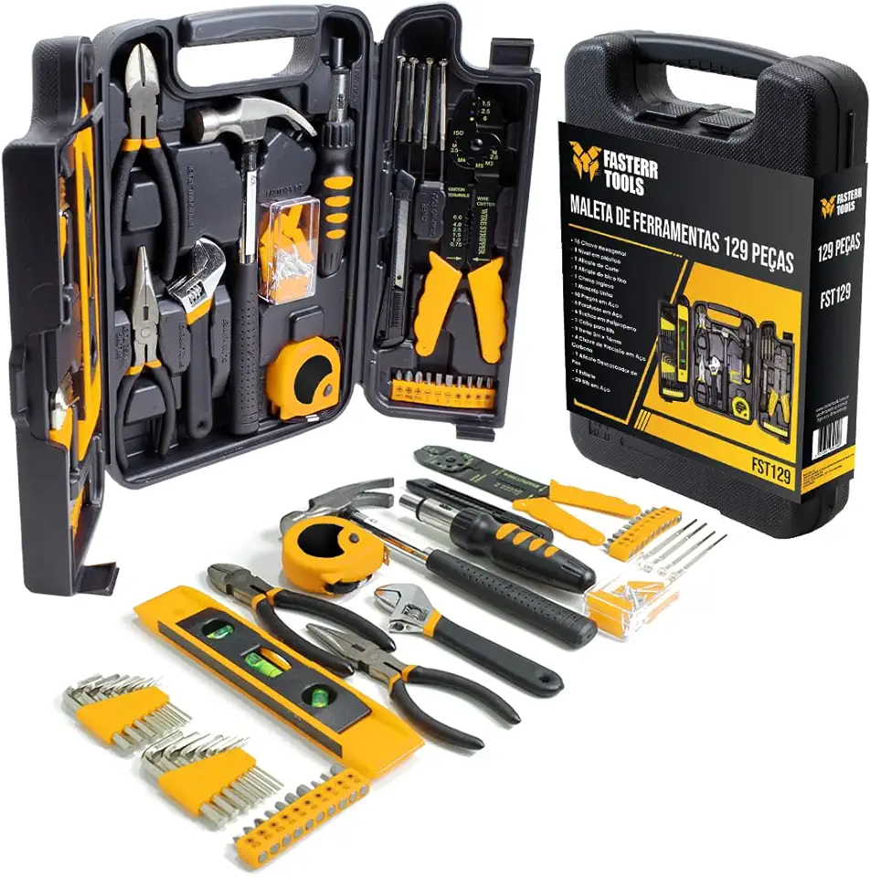 Kit de Ferramentas Fasterr FST129 com 129 Peças – Jogo Completo com Alicates, Chaves, Bits, Trena e Maleta Plástica