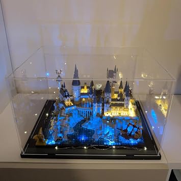Acrylic Display Case for Collection for Lego 76419 Castle and Hogwarts Domain for 10315 75402 60472, Plexiglas Transparent Display Cases and Storage with LED, Black Interior 40 x 30 x 25 cm