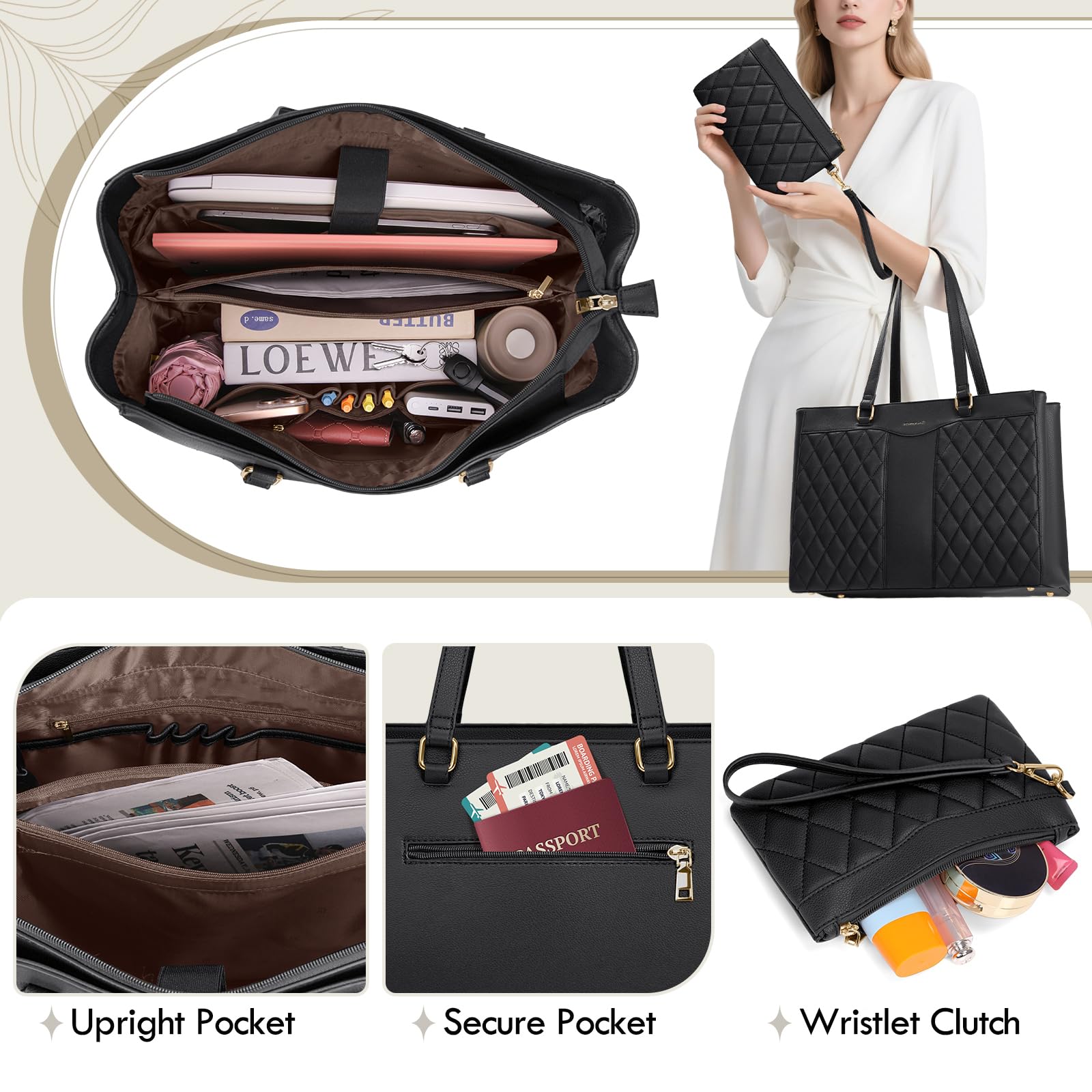 RAINSMORE Laptop Bags for Women 15.6 Inch Work Tote Bags with Clutch, Waterproof PU Leather Ladies Laptop Handbags for Office Business College Black - 4