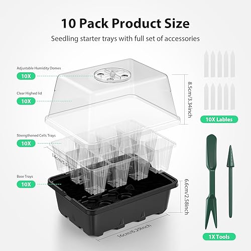 Miniatura 23 de Bandeja de inicio de semillas, kit de inicio de 10 piezas, bandejas de inicio de plántulas con tapas elevadas para mirar semillas, bandejas